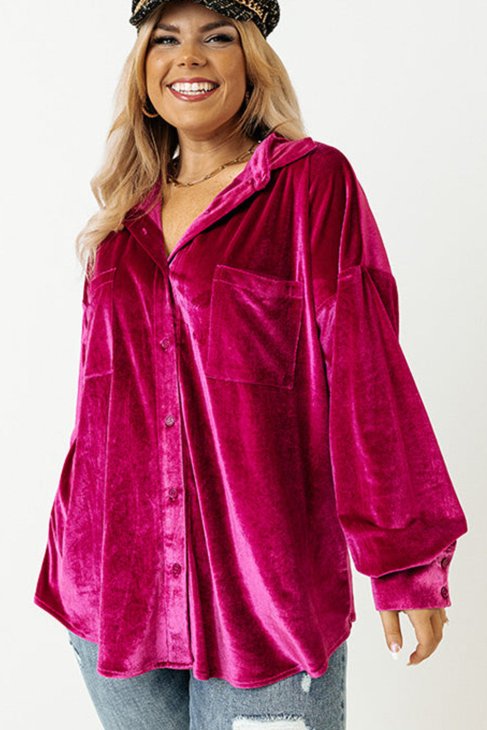 Chestnut Plus Size Velvet Chest Pocket Drop Shoulder Shirt