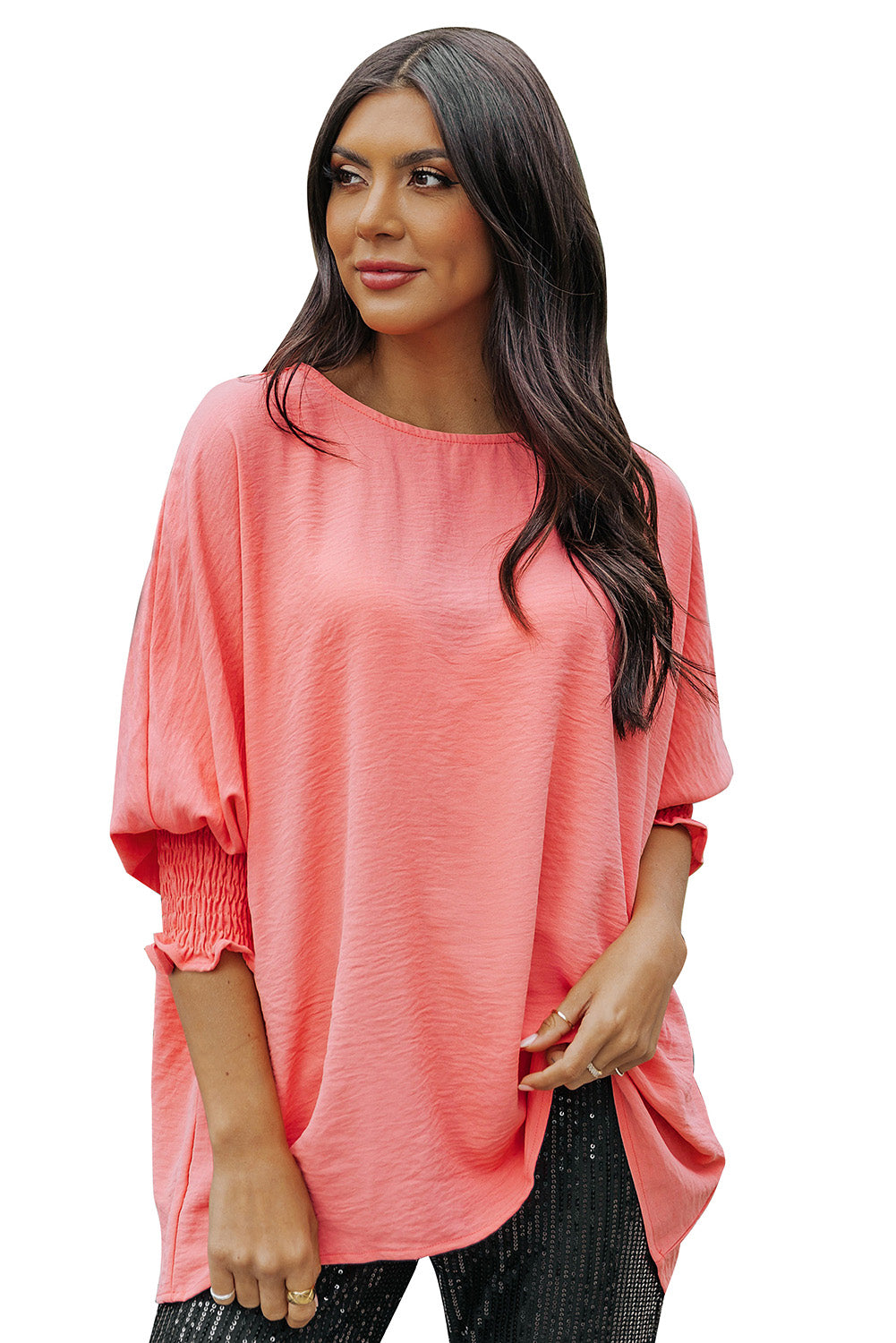 Blusa informal de media manga con puños fruncidos, color blanco, lisa