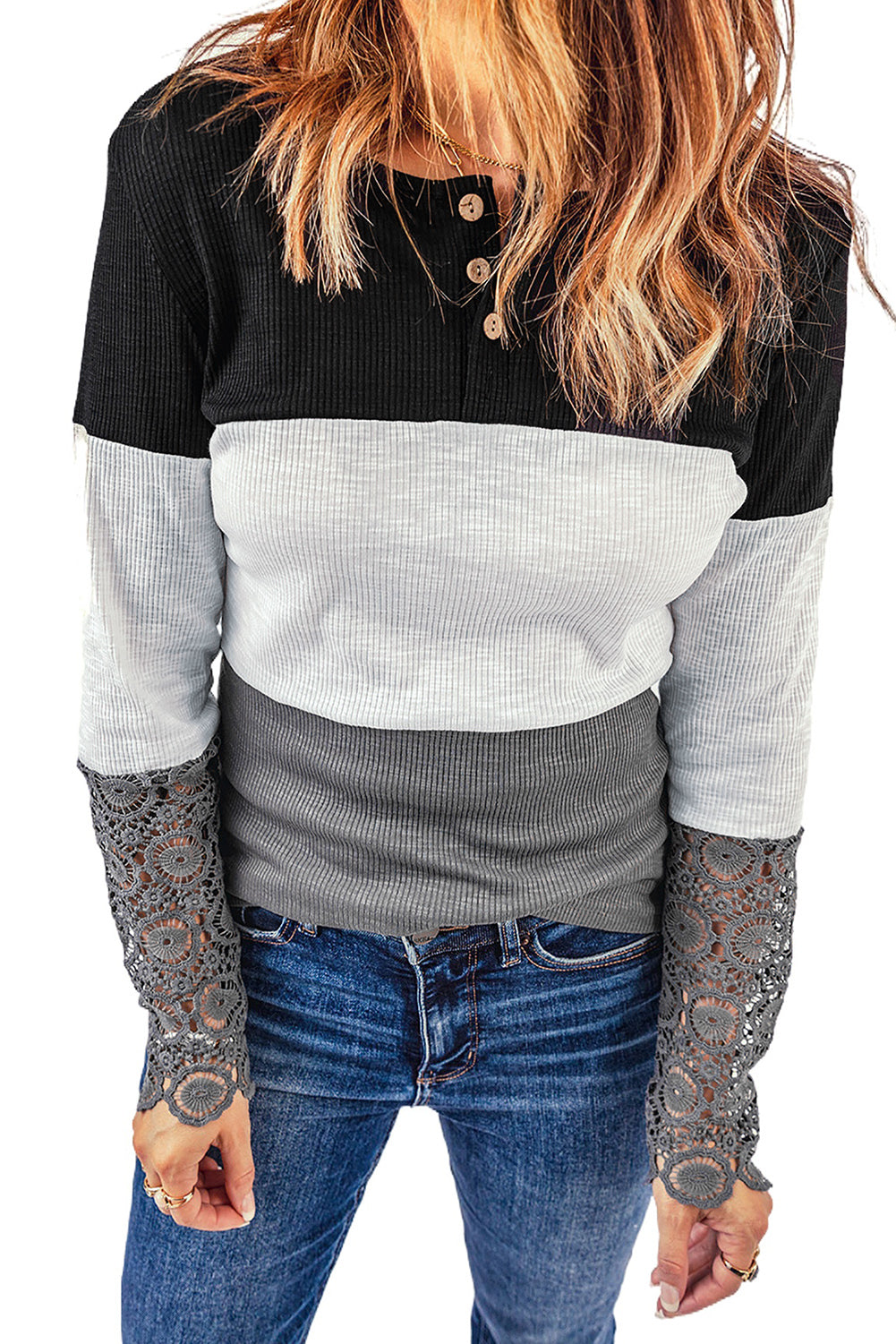 Camisa henley con mangas de crochet y encaje acanalado con bloques de color para mujer