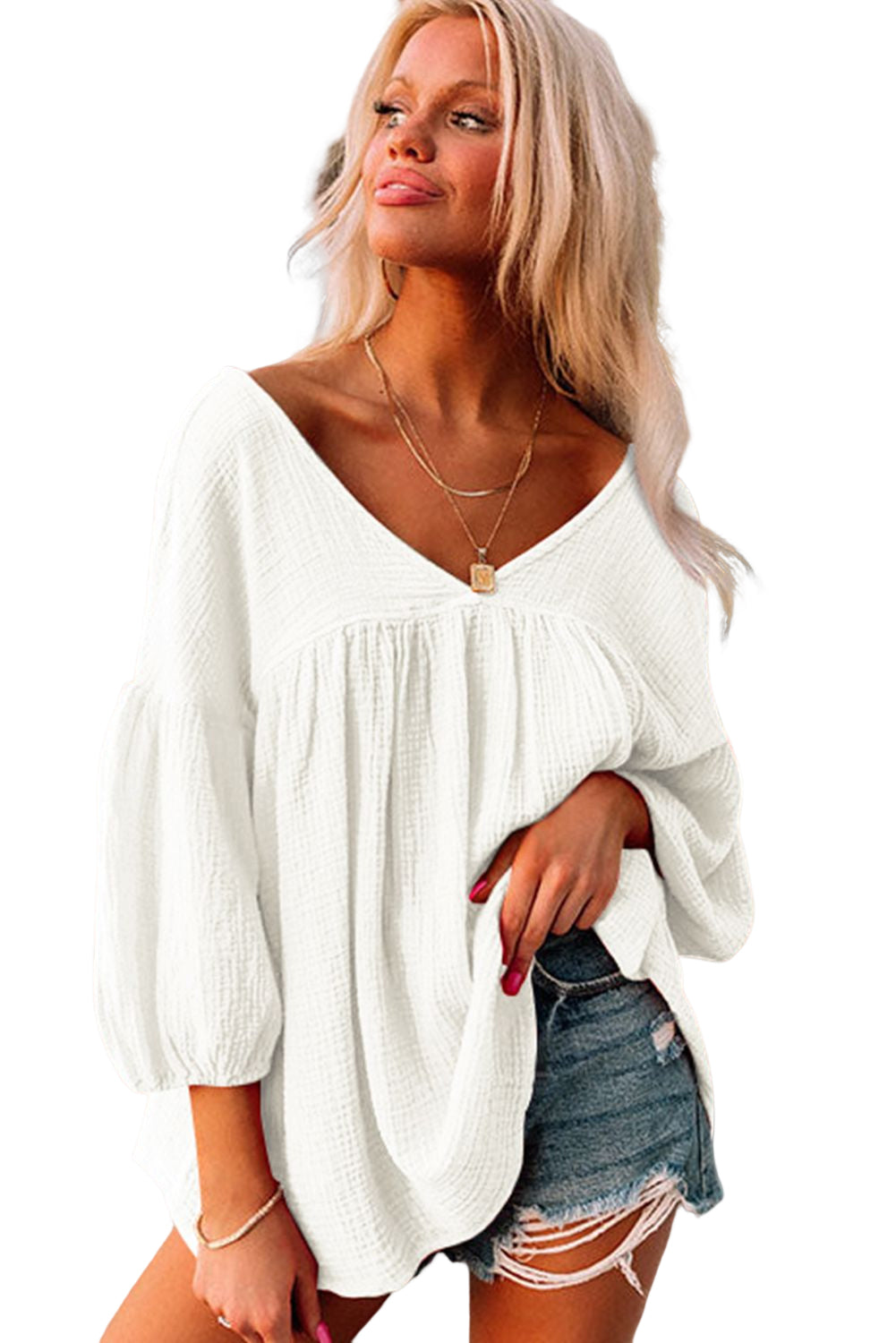 Blusa básica de algodón de gasa blanca con cuello en V para mujer