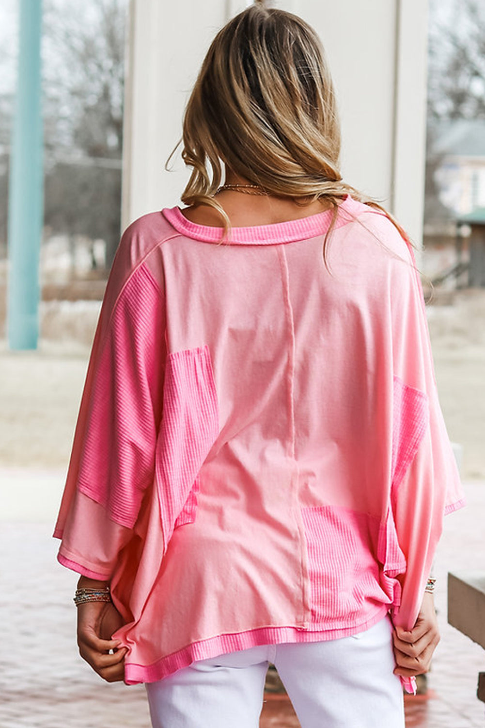 Bonbon Patchwork Quarter Sleeve High Low Plus Size T Shirt