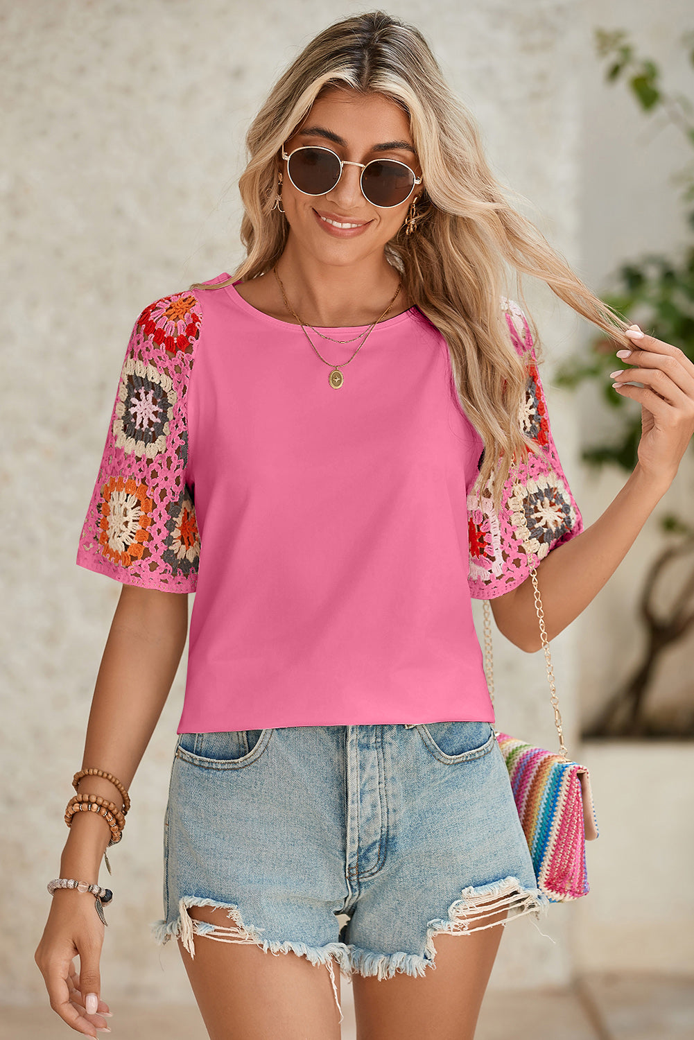 Turquoise Boho Hollowed Floral Crochet Sleeve T Shirt