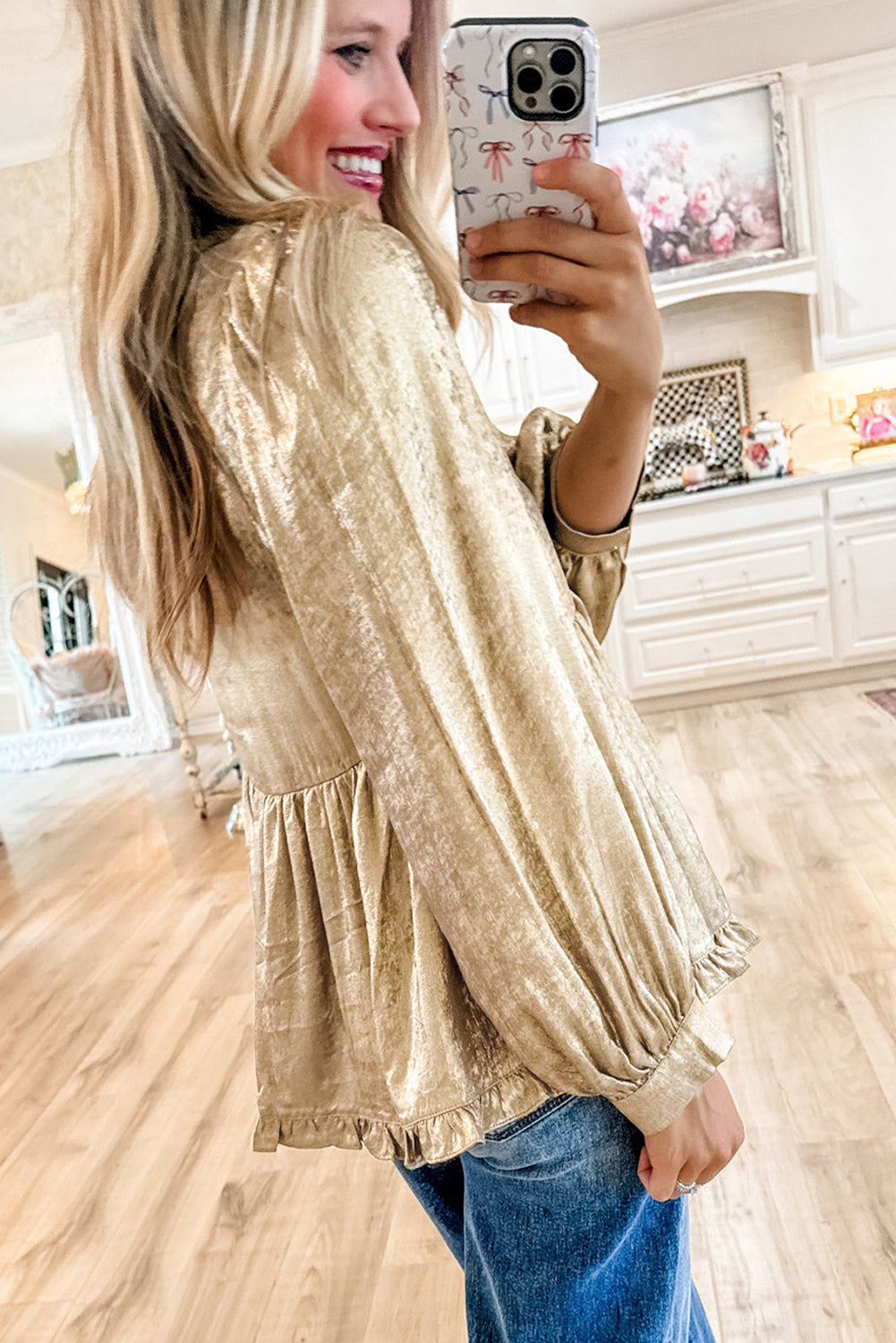 Gold Metallic Frill V Neck Puff Sleeve Babydoll Blouse
