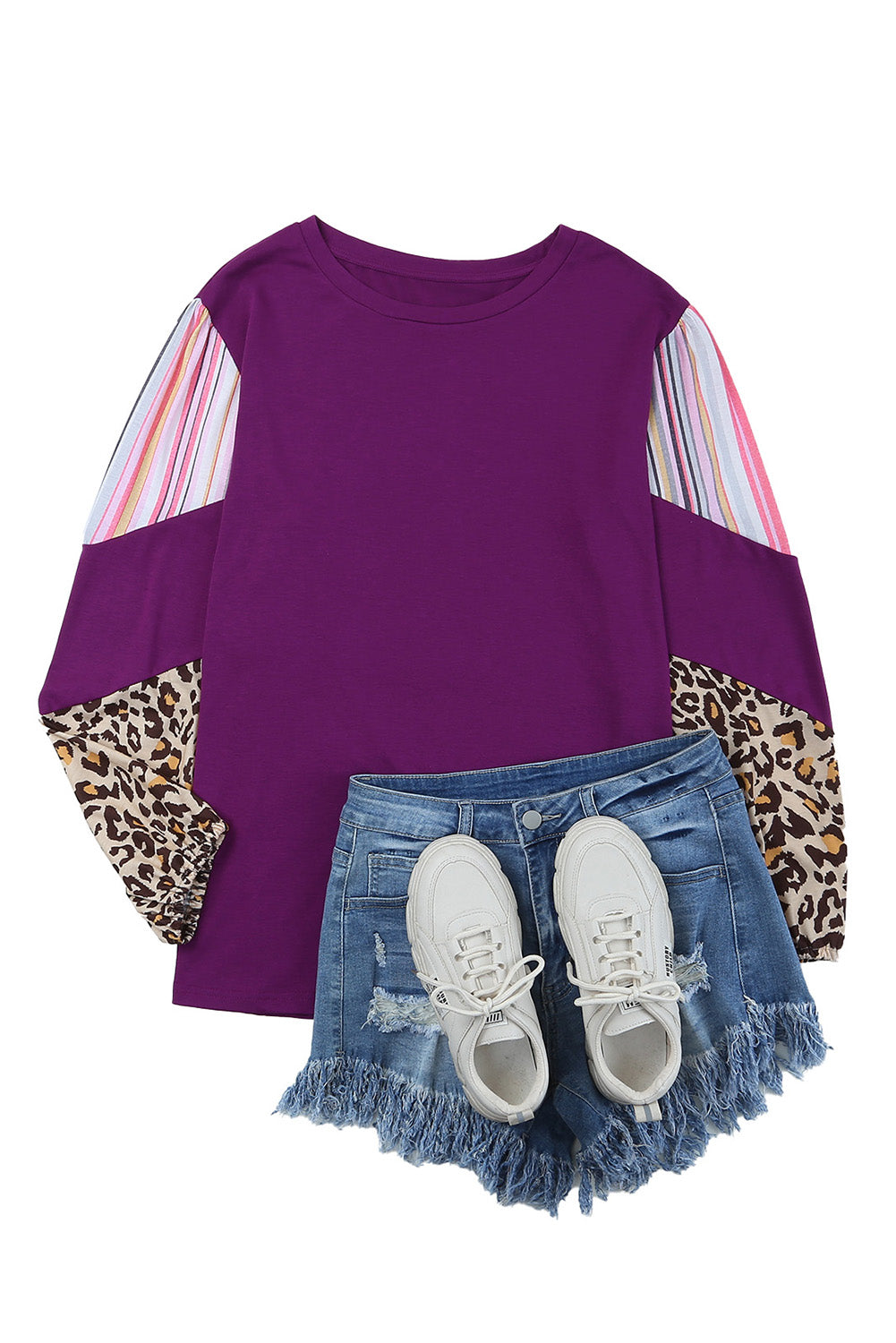 Blusa de talla grande con mangas a rayas de leopardo y bloques de color morado