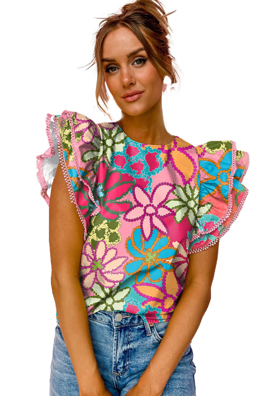 Blusa con mangas con volantes y estampado floral verde estilo boho