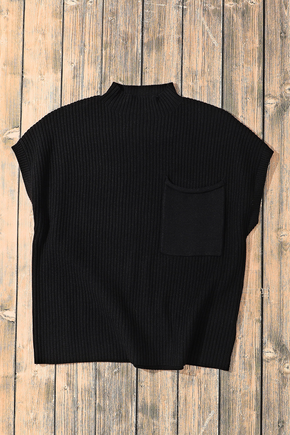 Gold Flame Patch Pocket Ribbed Knit Short Sleeve Sweater