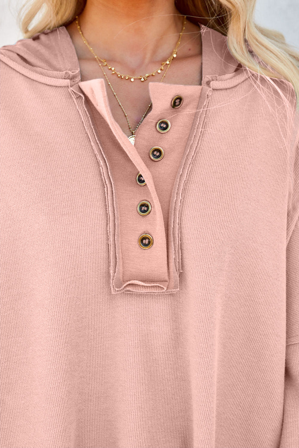 Black Solid Color Button Front Basic Pullover Hoodie