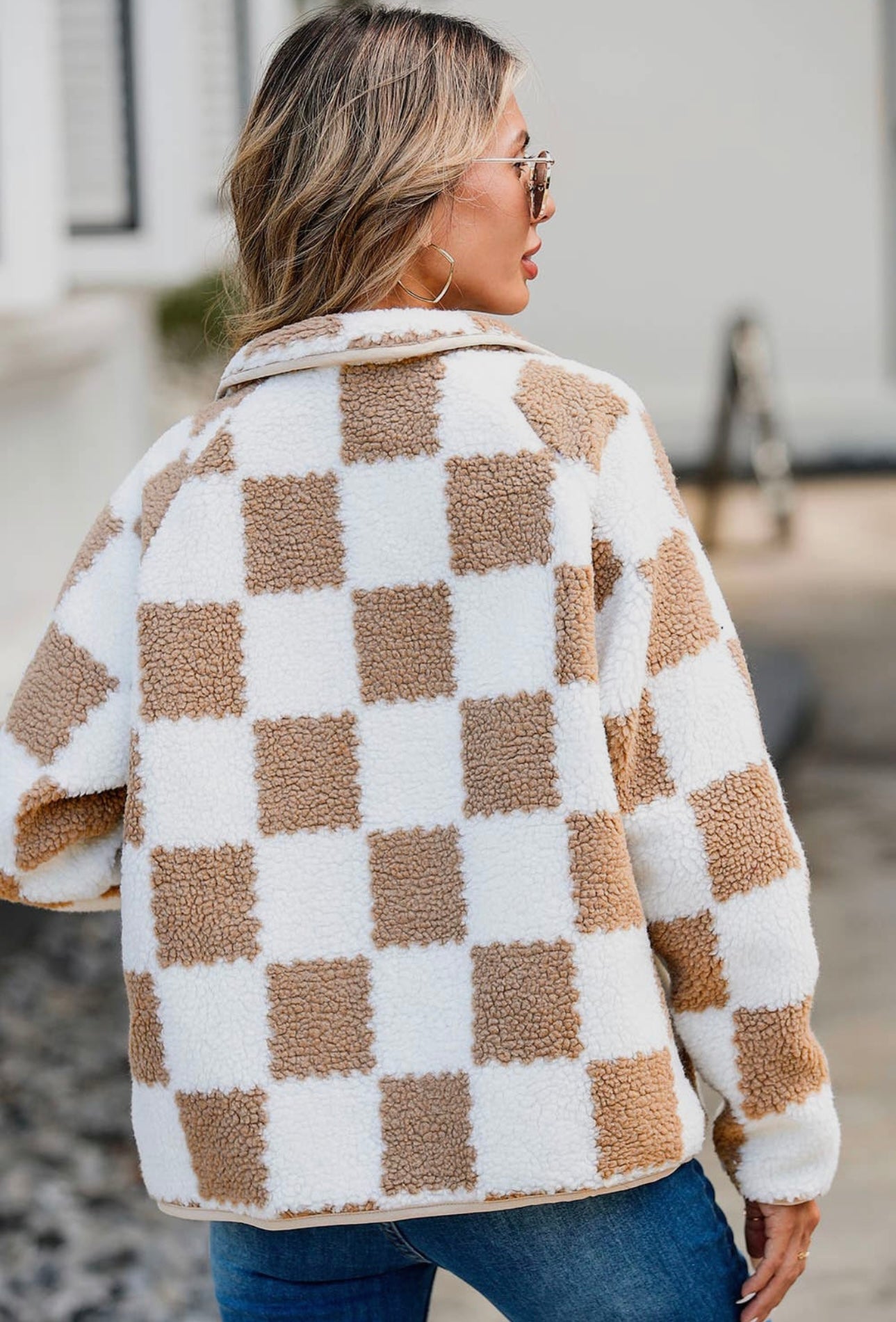 Checkered Snap Down Long Sleeve Teddy Jacket