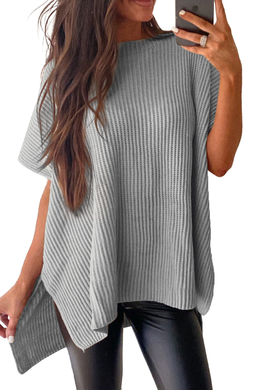 Top de punto de gran tamaño con mangas cortas estilo dolman y abertura lateral en color gris | S - XL | 3 COLORES
