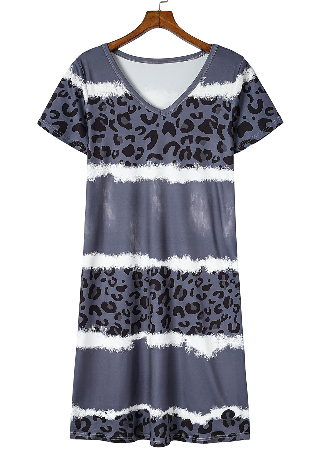 Vestido estilo camiseta con escote en V y bloques de color teñido anudado y estampado de leopardo en rosa