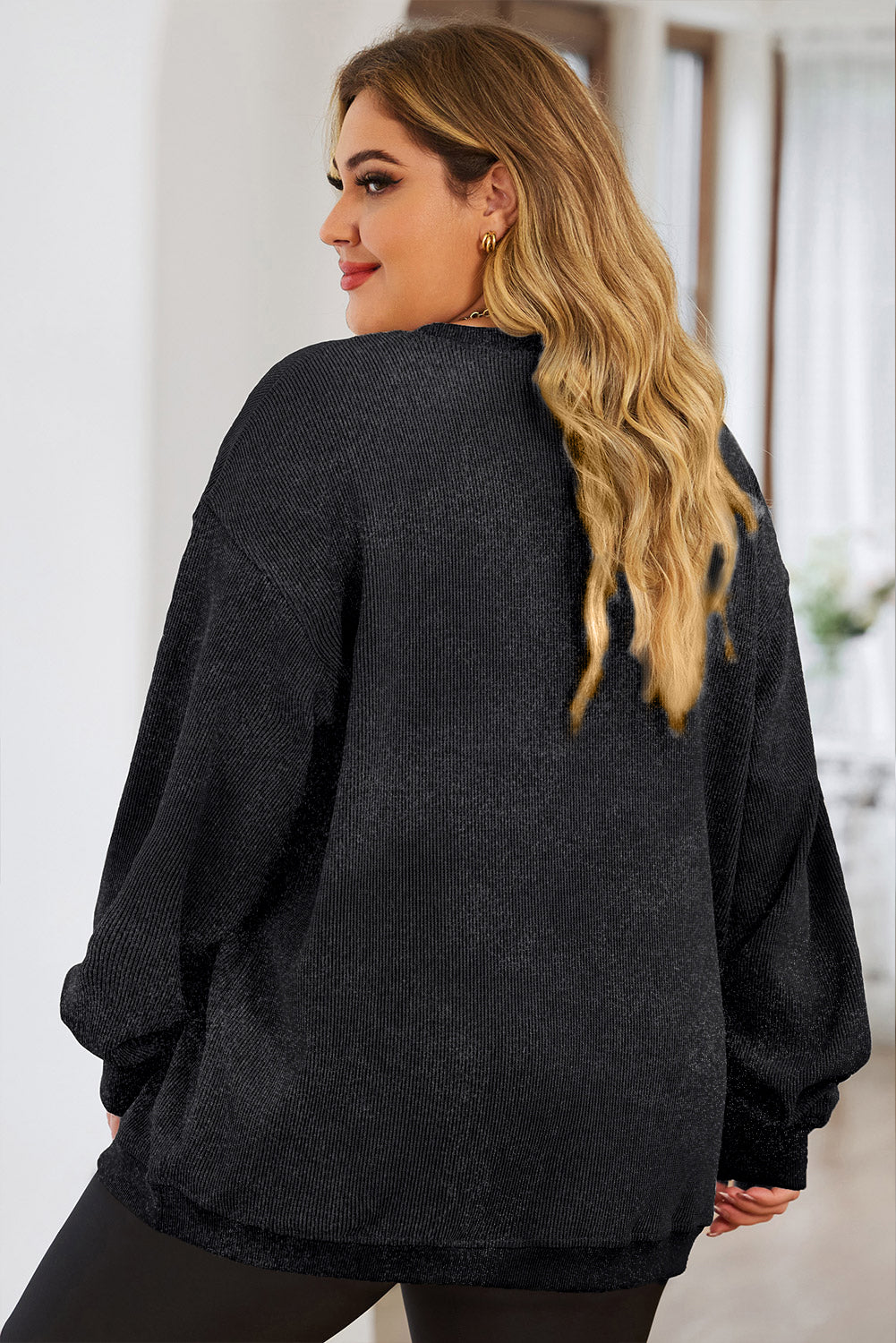 Black Textured Game Day Chenille Sequin Plus Size Sweatshirt