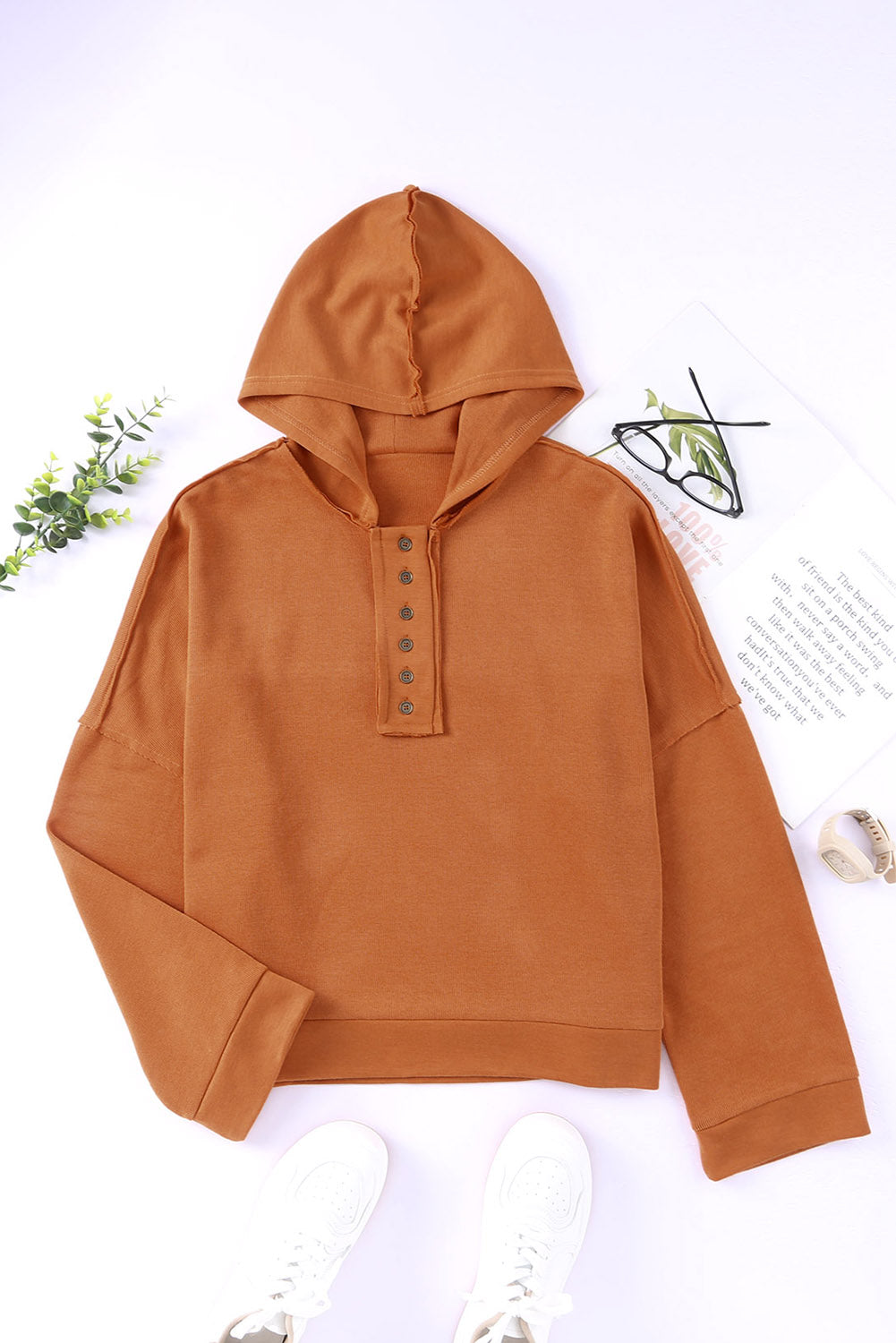 Black Solid Color Button Front Basic Pullover Hoodie