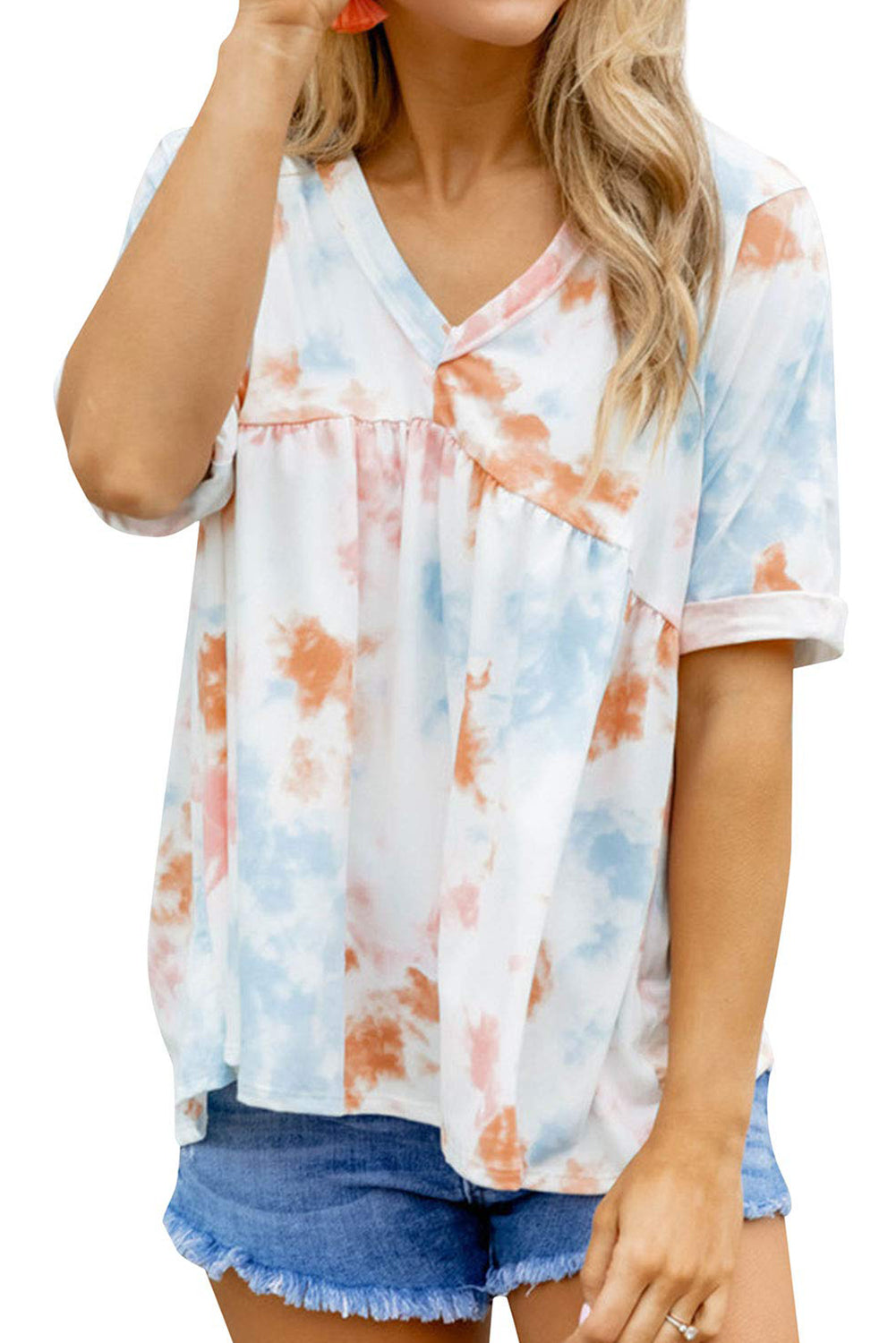 Top bohemio con escote en V, encaje y efecto tie dye blanco