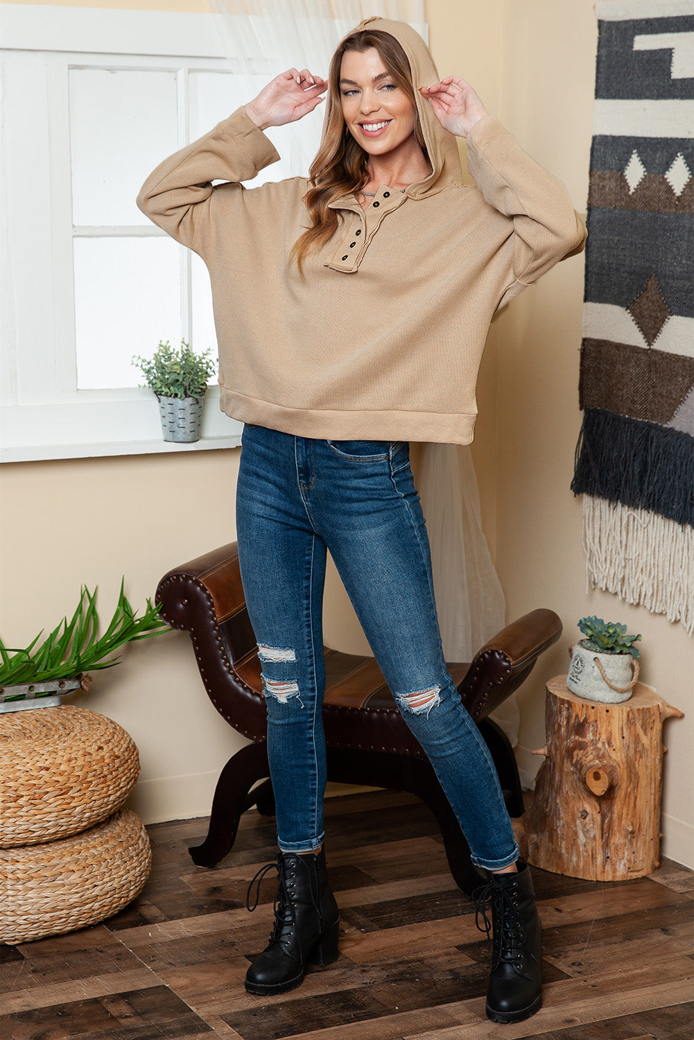 Black Solid Color Button Front Basic Pullover Hoodie