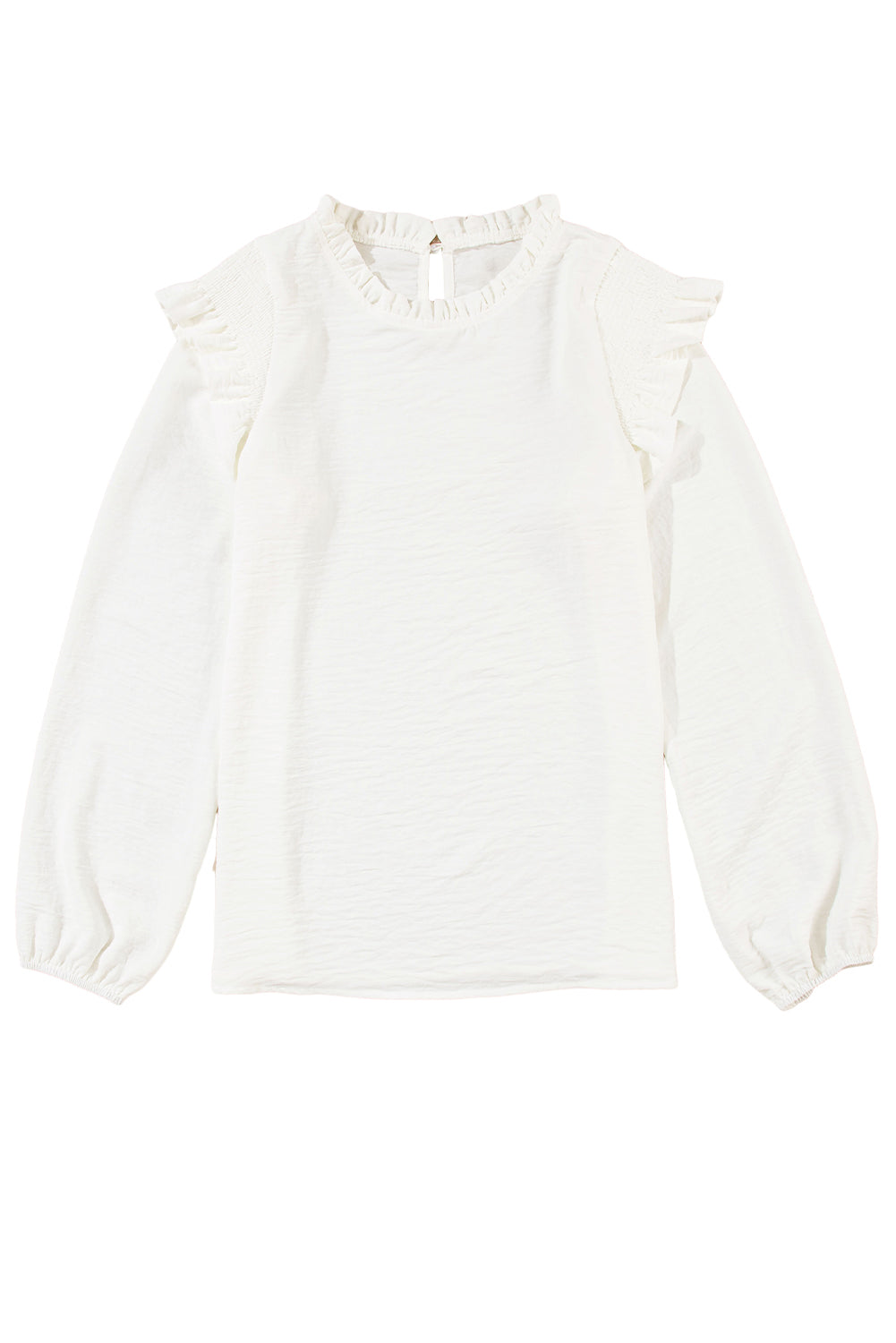 White Frilled Neck Ruffled Trim Bubble Sleeve Blouse