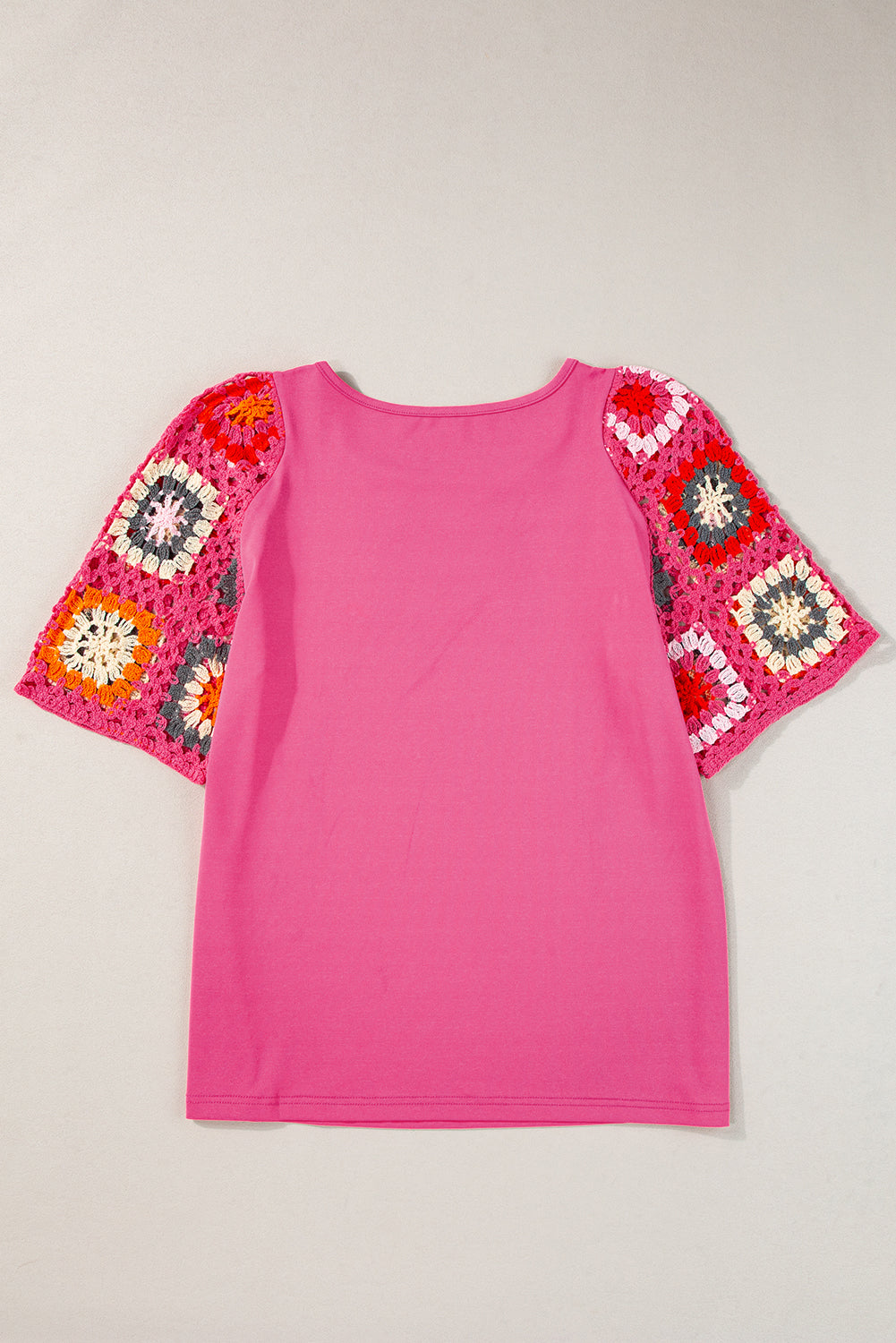 Camiseta con mangas de crochet y estampado floral ahuecado estilo boho turquesa