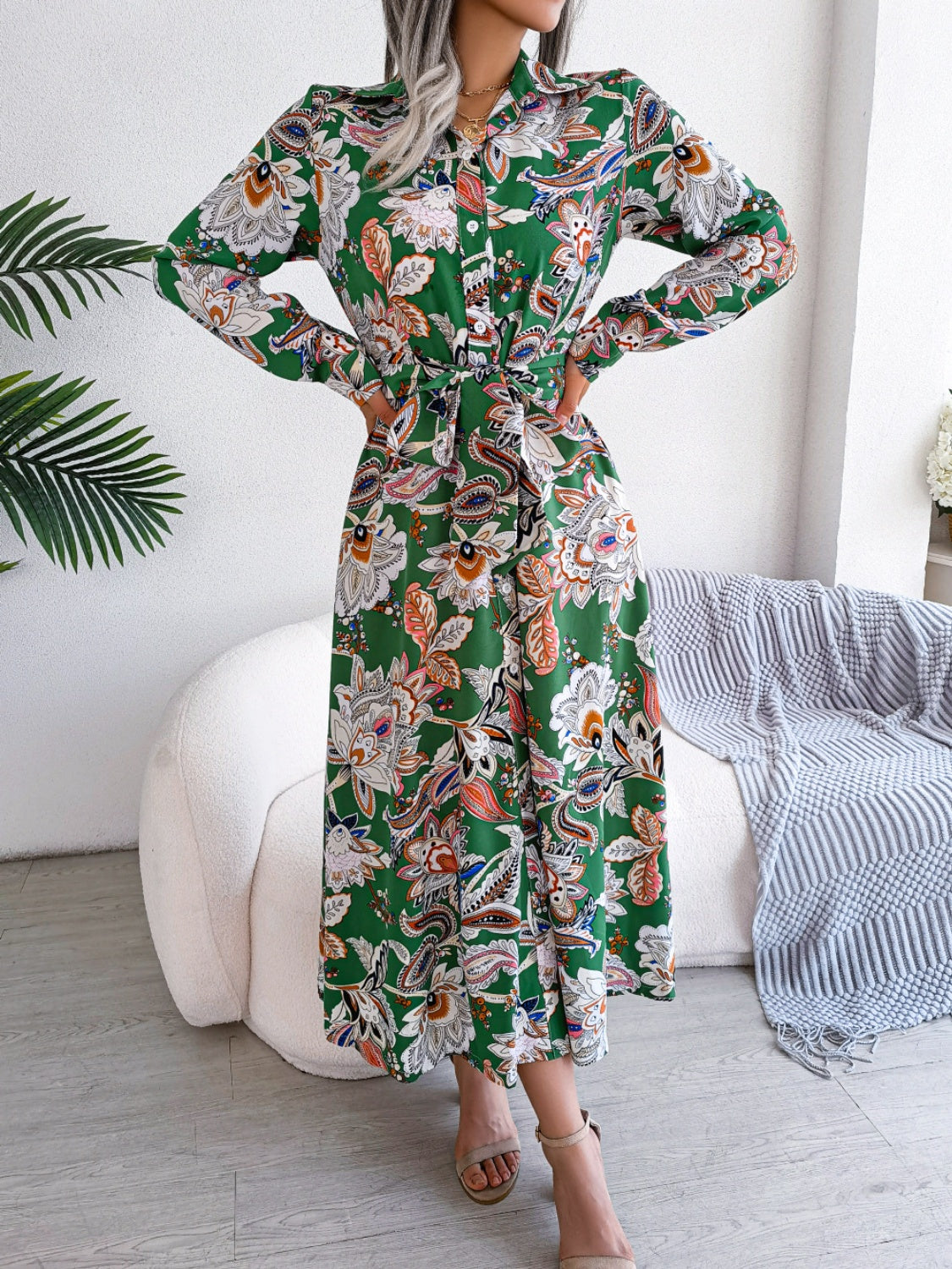 Vestido midi de manga larga con estampado anudado | S - XL | 3 COLORES