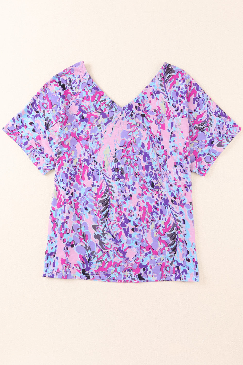 Camiseta de cuello en V y manga corta con estampado floral abstracto en azul pastel