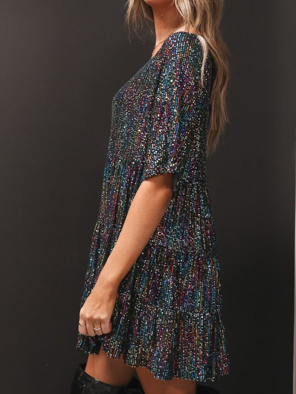 Vestido mini de manga corta con escote redondo y lentejuelas en capas | Tallas S a XL | Tallas 2XL a 3XL | 9 COLORES