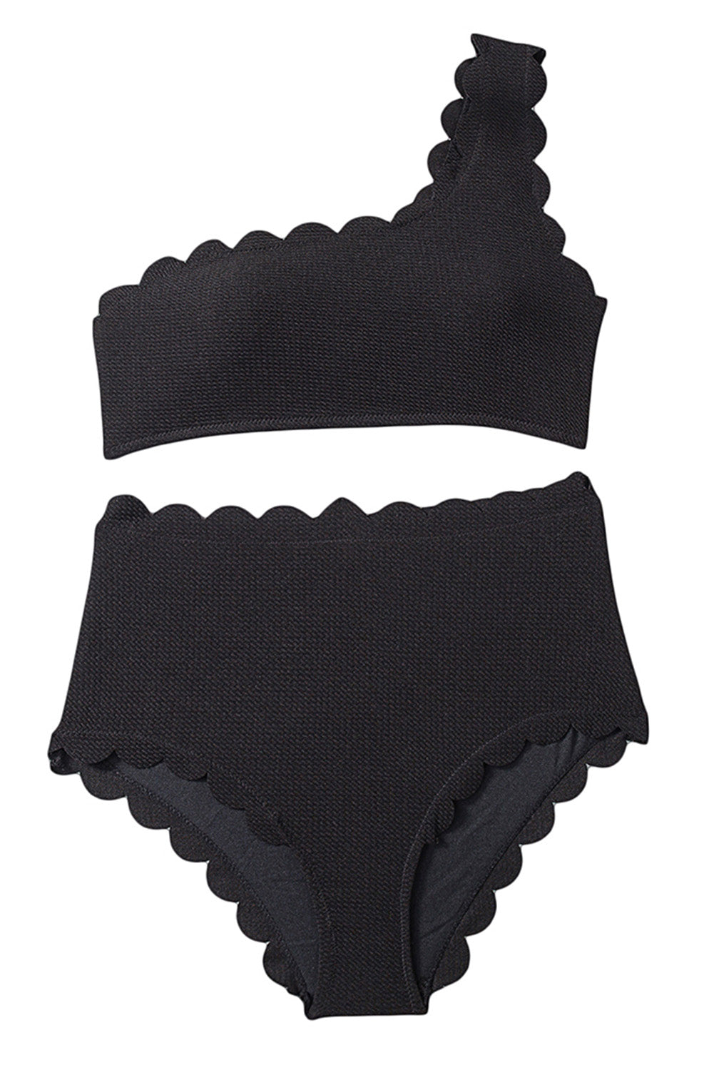 Conjunto de bikini de cintura alta con un hombro al descubierto y textura con ribete festoneado en color negro