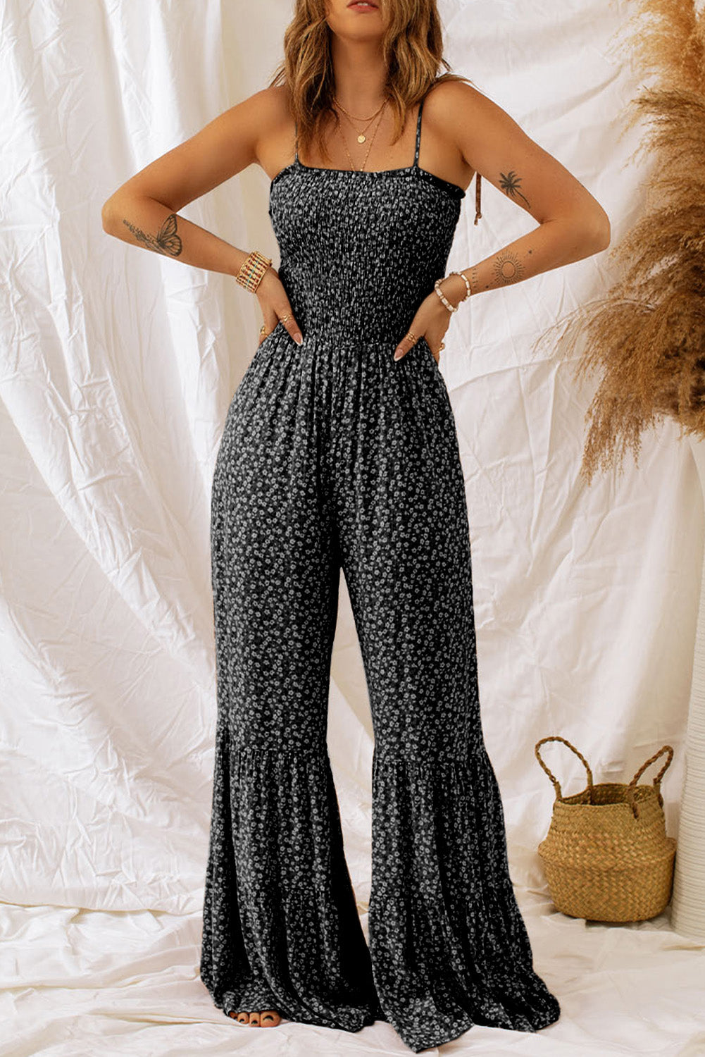 Dusk Blue Floral Print Spaghetti Straps Smocked Wide Leg Jumpsuit | S - 2XL | 4 COLORS