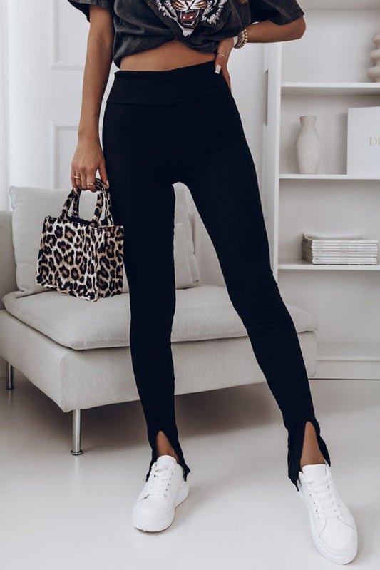 Leggings negros informales de talle alto con aberturas en punto acanalado