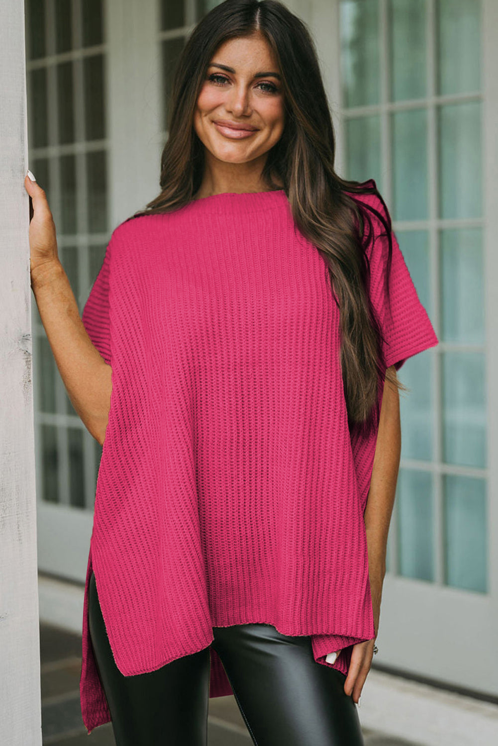 Top de punto de gran tamaño con mangas cortas estilo dolman y abertura lateral en color gris | S - XL | 3 COLORES