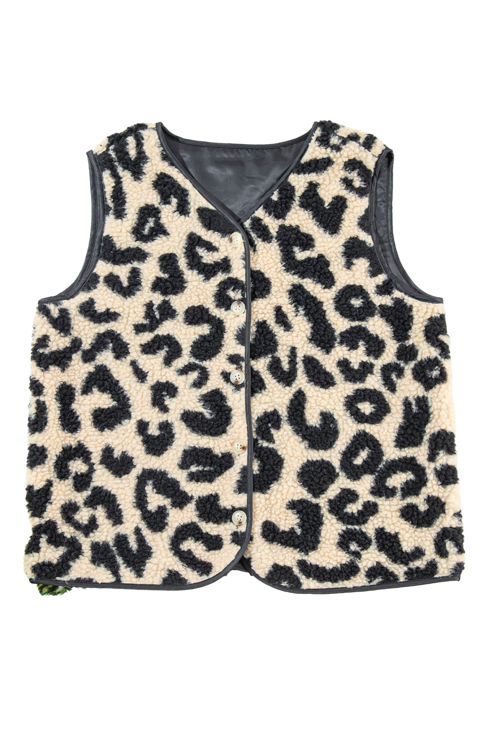 Chaleco con botones delanteros de sherpa y estampado de leopardo negro