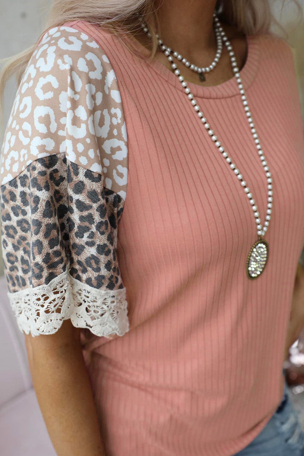 Black Casual Leopard Lace Splicing Sleeve Patchwork Rib-Knit Top