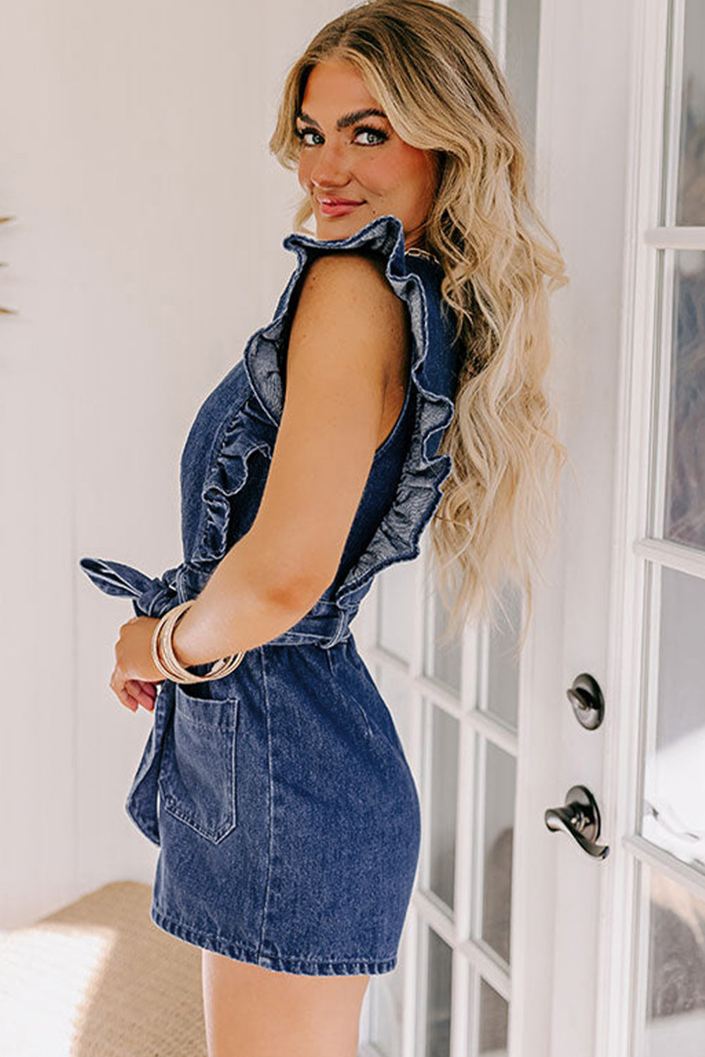 Sail Blue Denim Ruffled Zipped Front Belted Romper