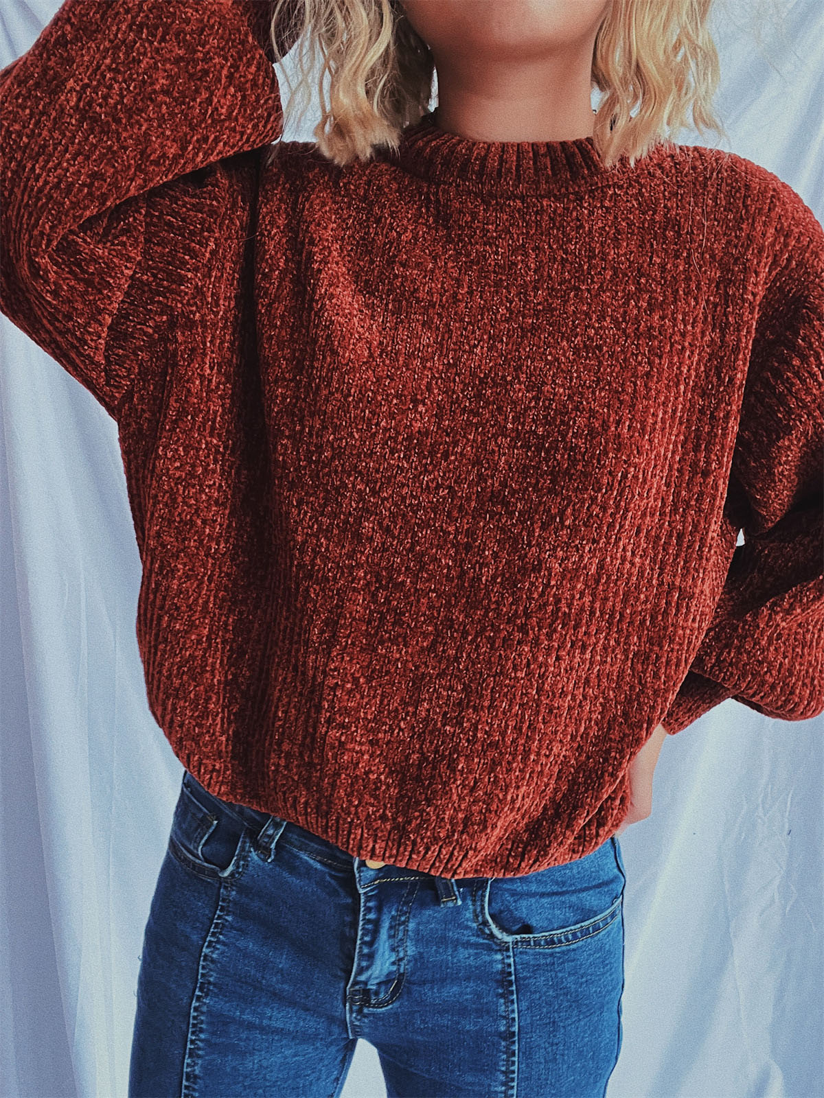 Round Neck Dropped Shoulder Chenille Long Sleeve Sweater