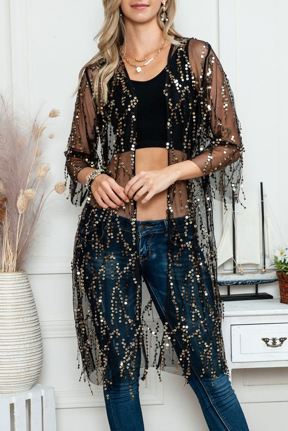 Black Sequin Sheer Casual Open Front Kimono