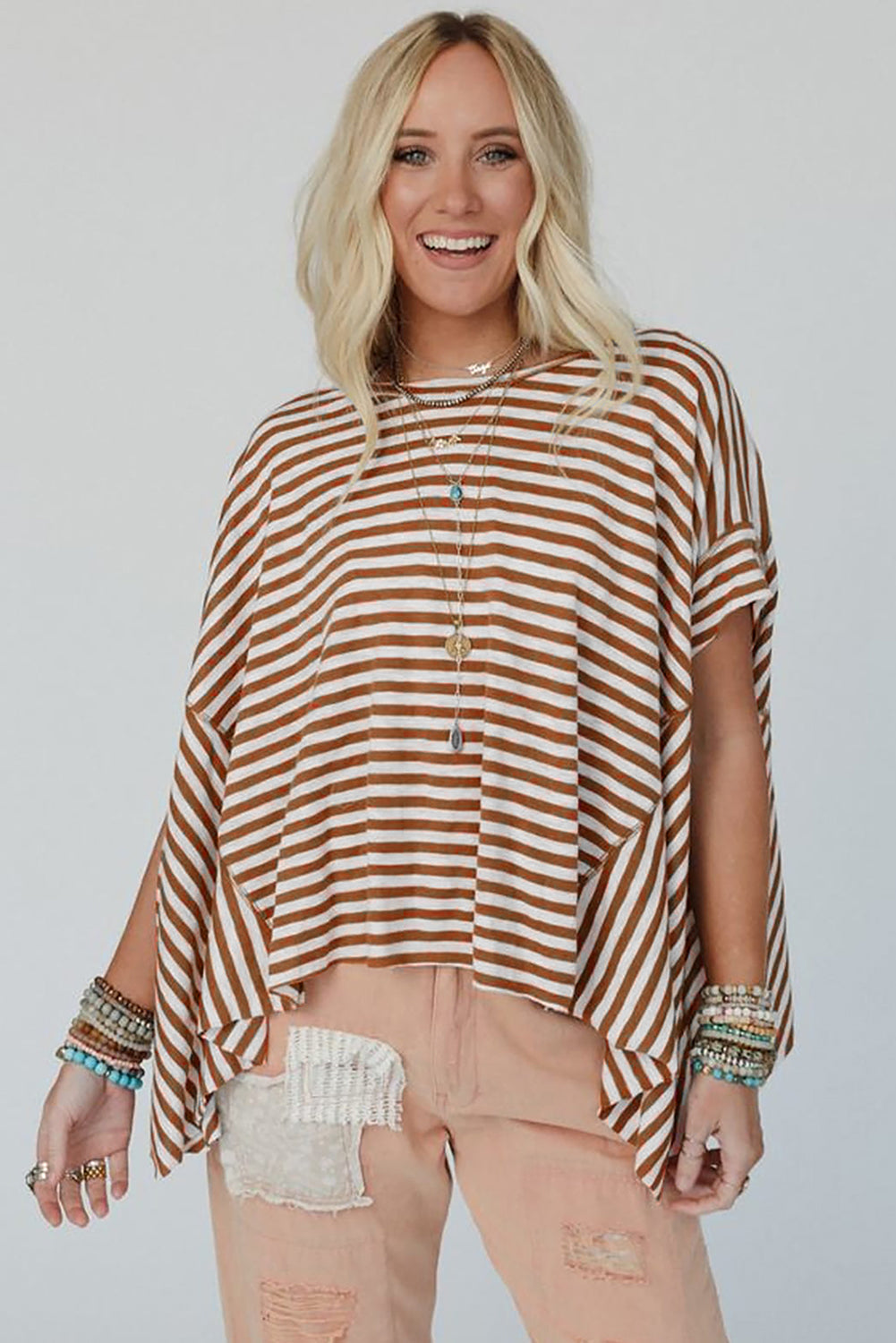 Khaki Striped Batwing Sleeve Oversized Top