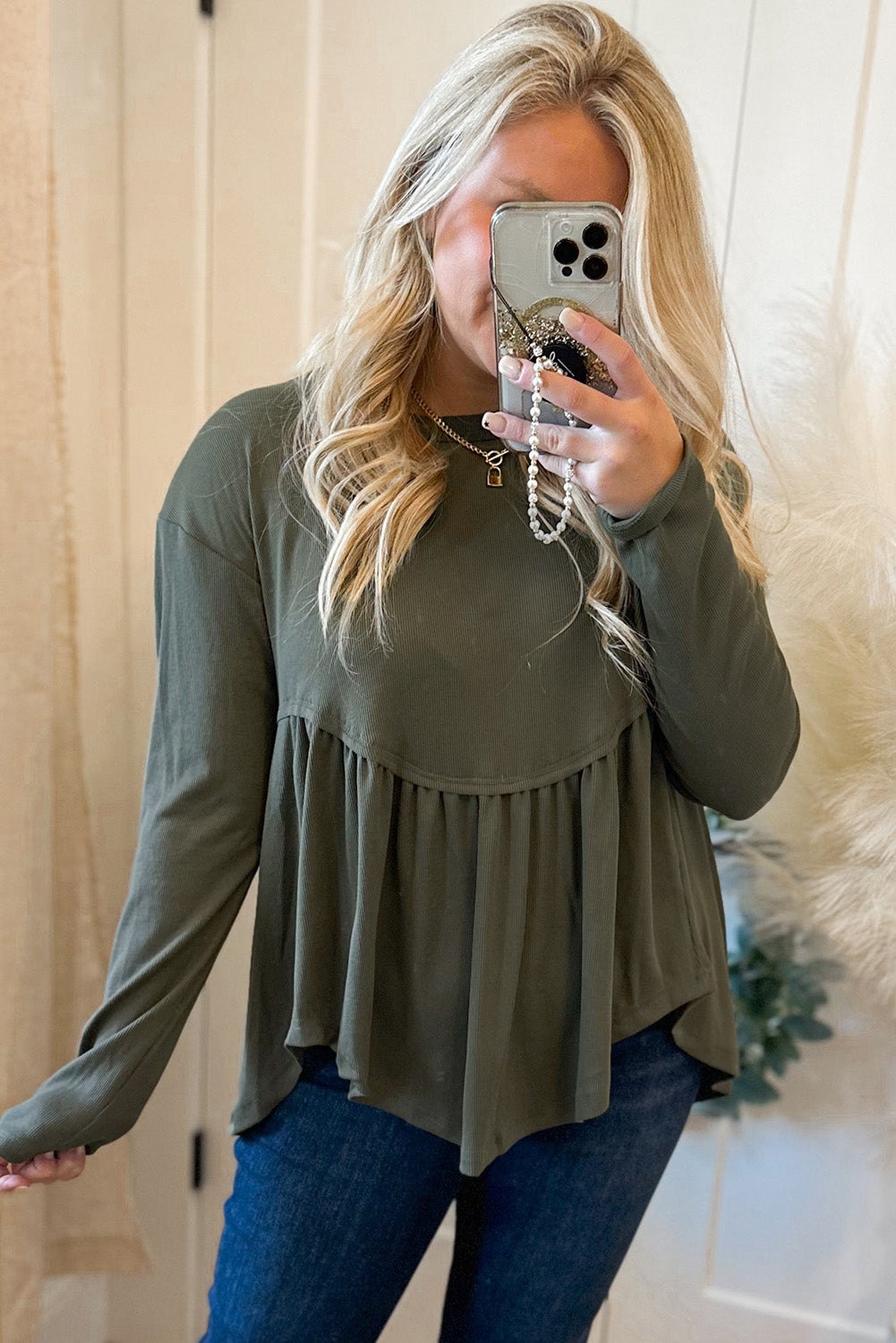 Mist Green Plus Size Thermal Knitted Babydoll Flare Top