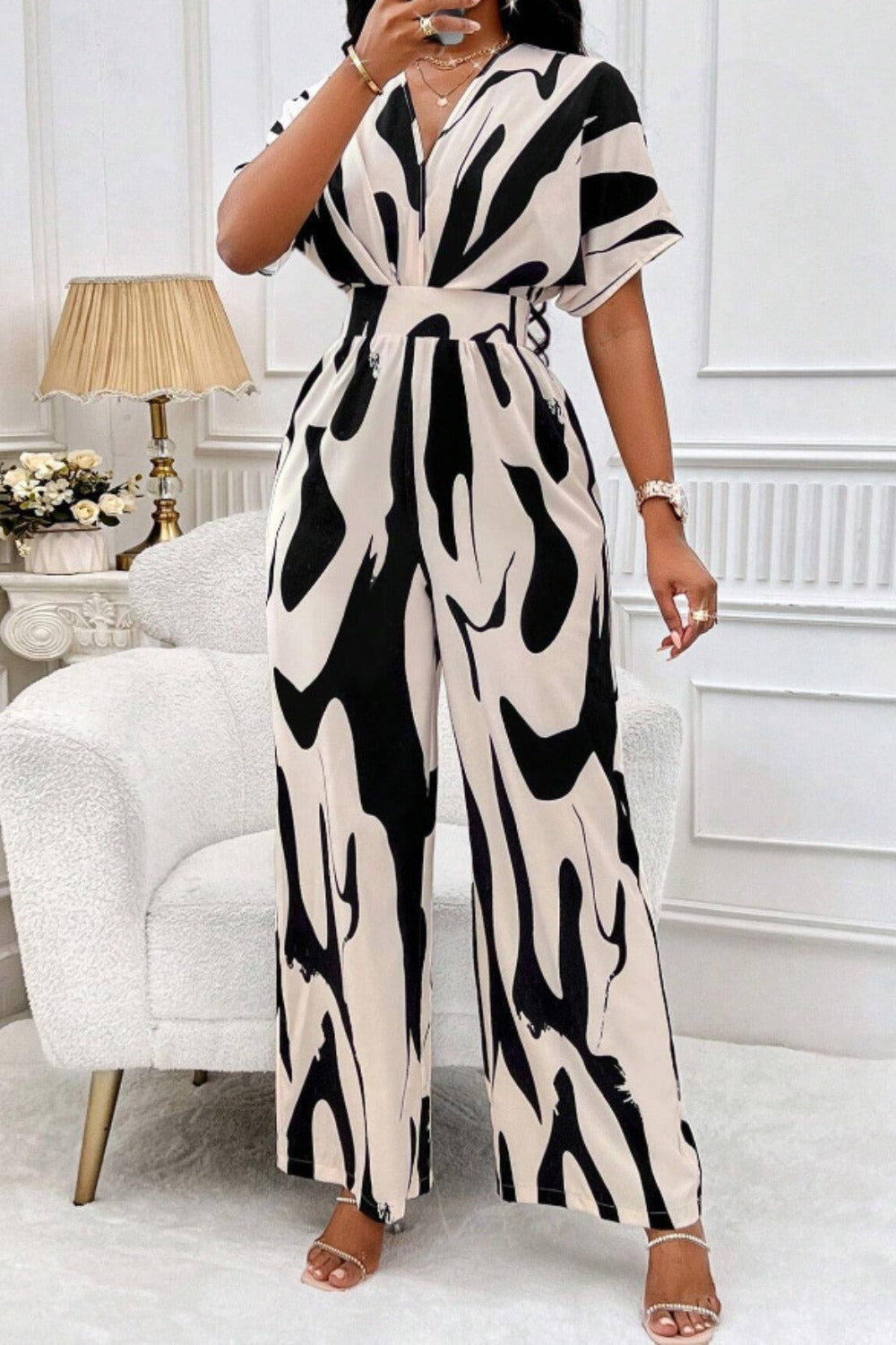 Printed V-Neck Short Sleeve Wide Leg Jumpsuit | S - 2XL | 4 COLORS
