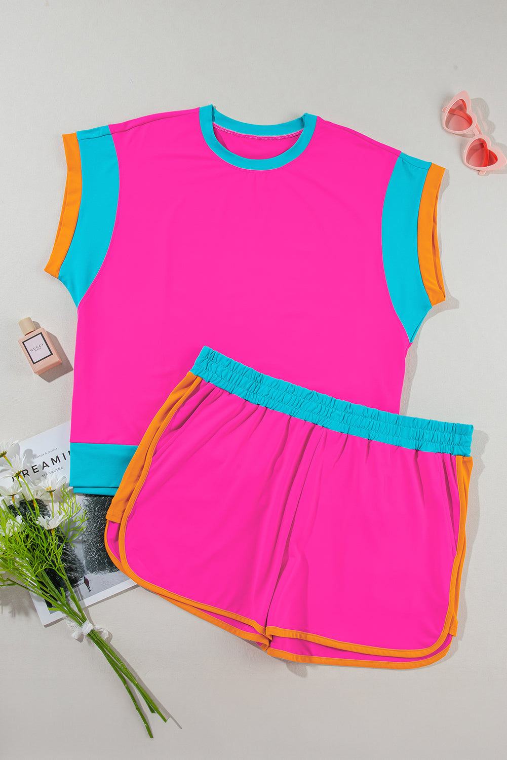 Rose Red Plus Size Colorblock Top and Elastic Waist Shorts Set