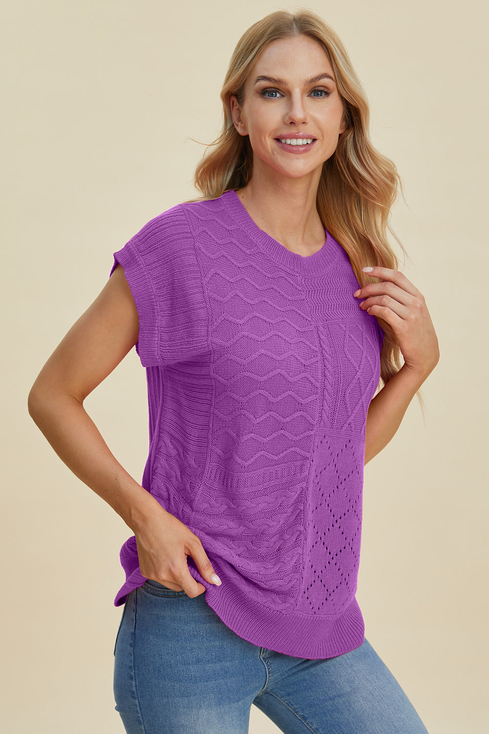 Suéter de cuello redondo y manga corta de punto trenzado de Double Take | Tallas grandes | S - XL | 2XL - 3XL | 5 COLORES