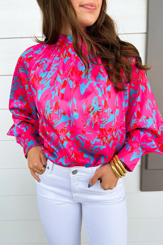 Purple Abstract Stand Neck Puff Sleeve Blouse