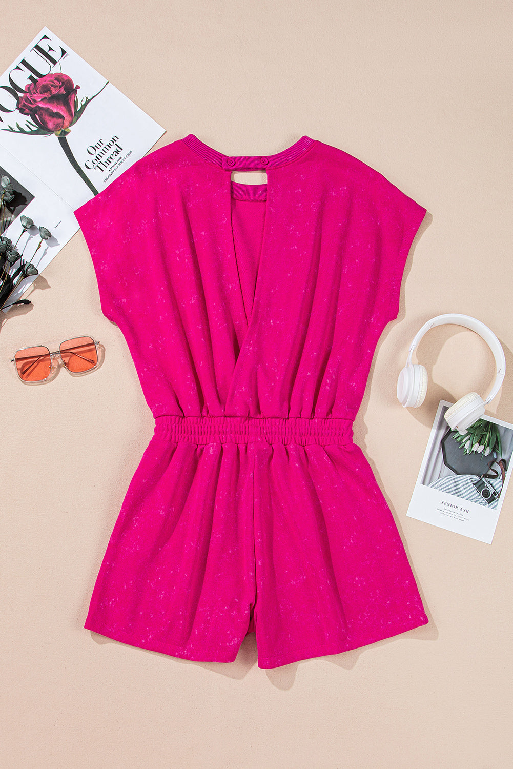 Rose Red Mineral Wash Drawstring Waist Backless Short Sleeve Romper