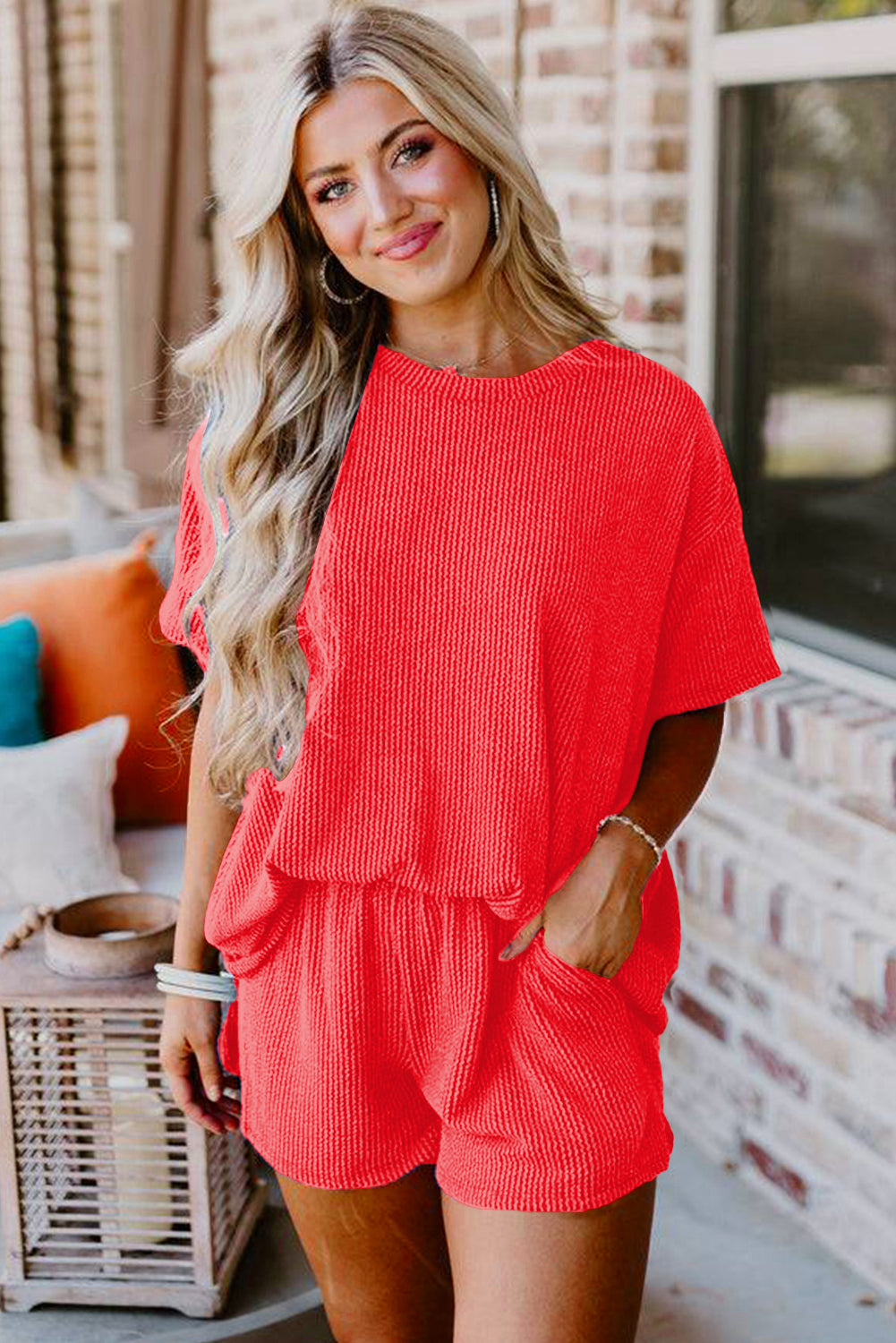 Conjunto de camiseta y pantalones cortos holgados de punto texturizado acanalado
