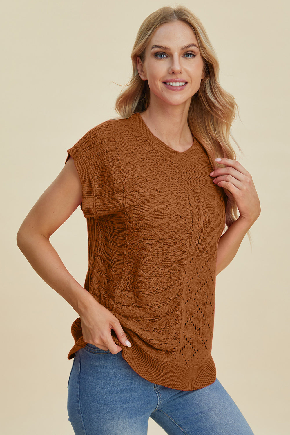 Suéter de cuello redondo y manga corta de punto trenzado de Double Take | Tallas grandes | S - XL | 2XL - 3XL | 5 COLORES