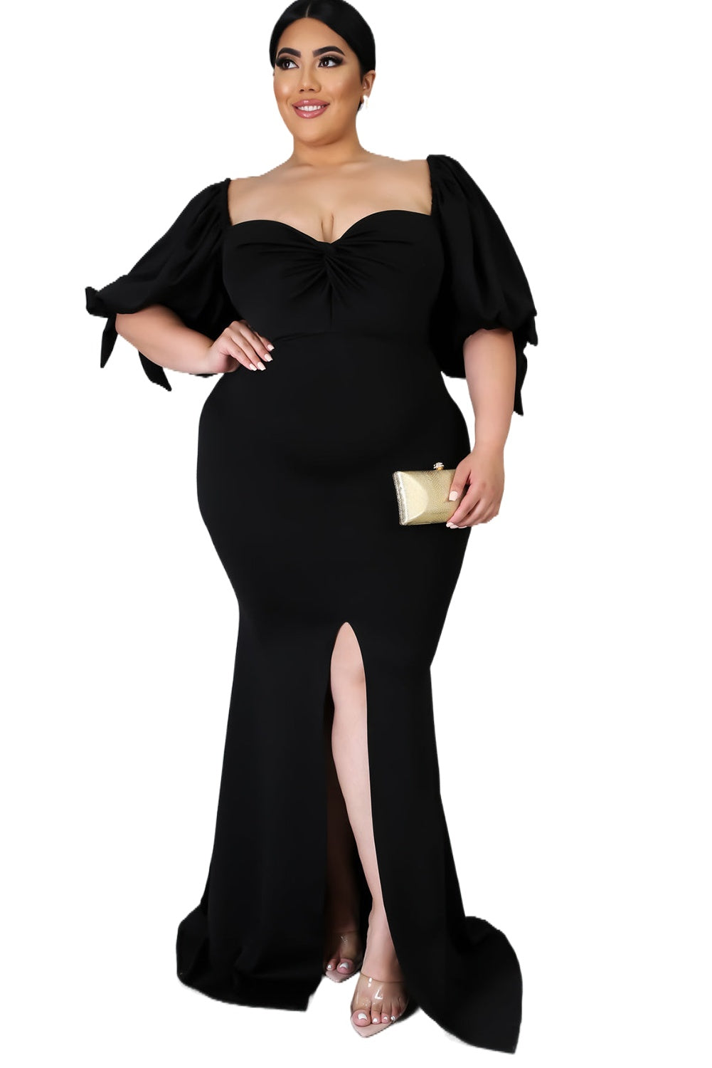 Rose Bow Tie Puff Sleeve Plus Size High Slit Maxi Dress