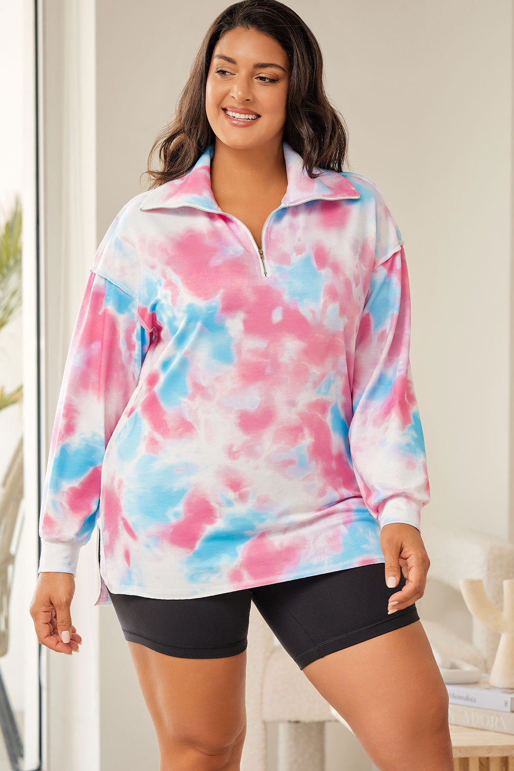 Sudadera con cuello y cremallera en color multicolor y efecto tie-dye en talla grande 