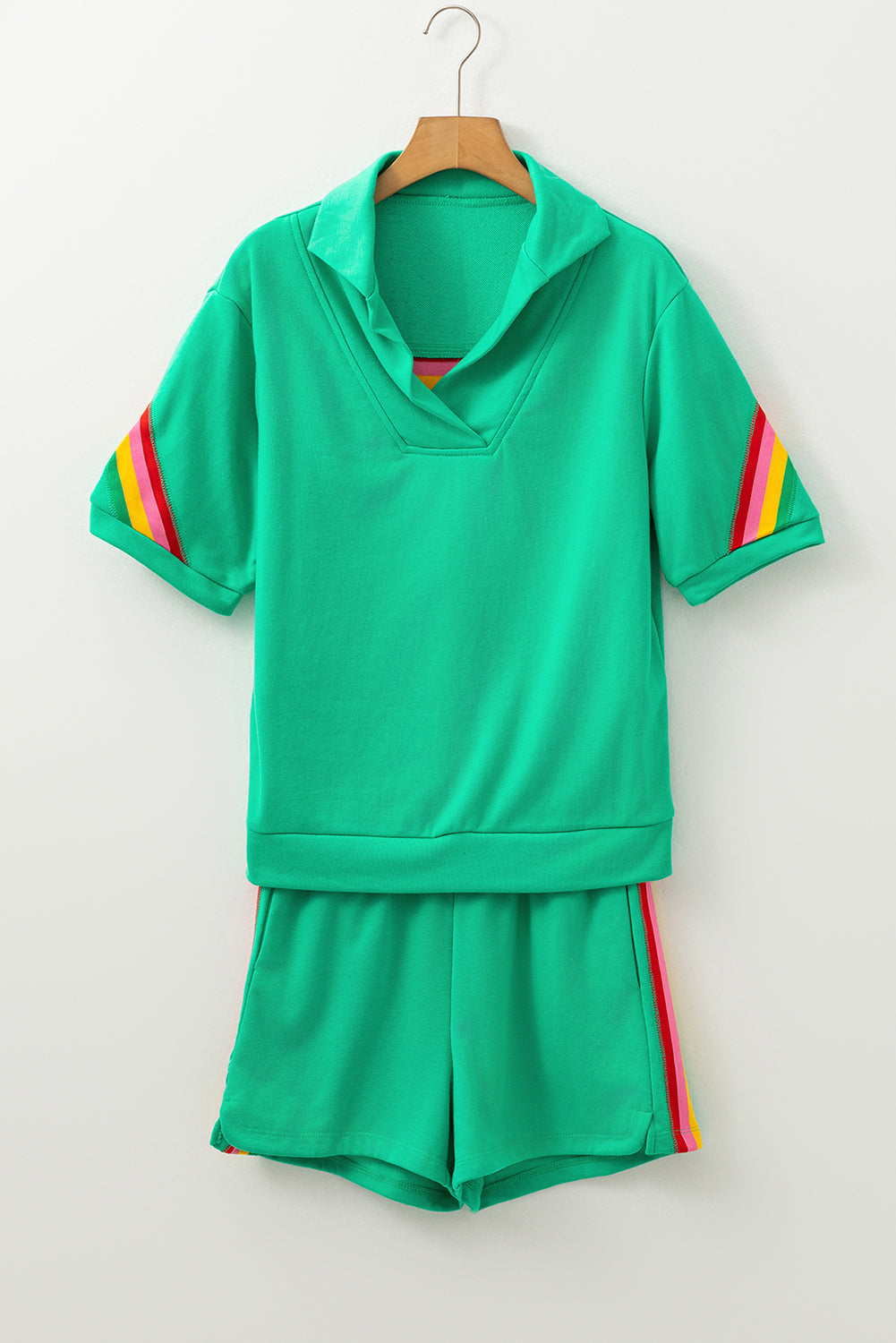 Sea Green Rainbow Colorblock Collared Short Sleeve Top and Shorts Set