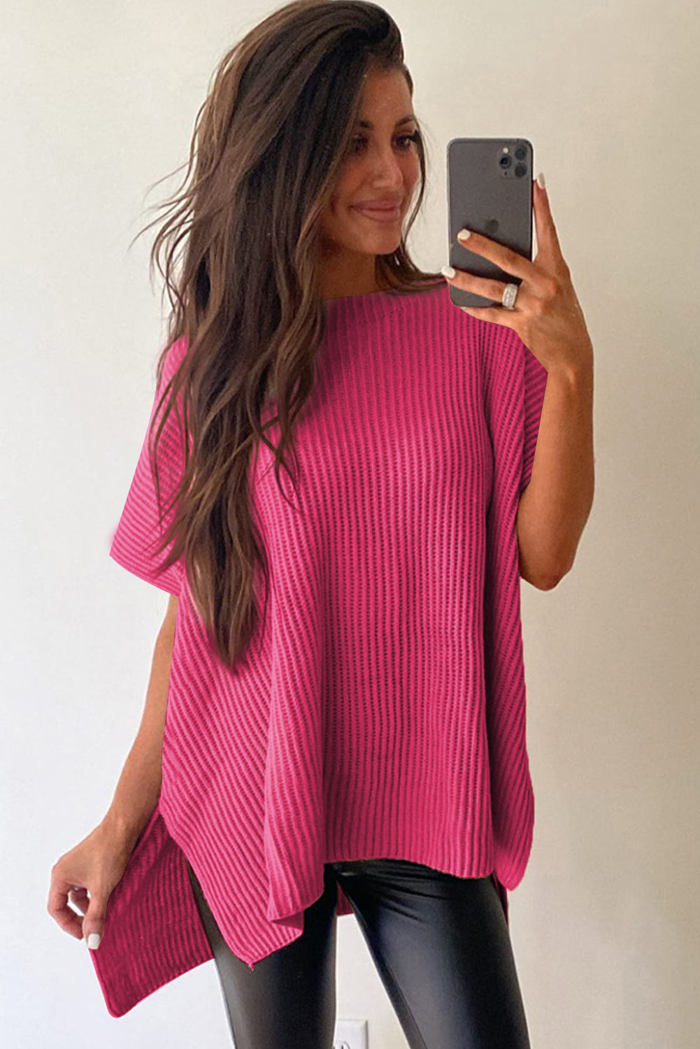 Top de punto de gran tamaño con mangas cortas estilo dolman y abertura lateral en color gris | S - XL | 3 COLORES