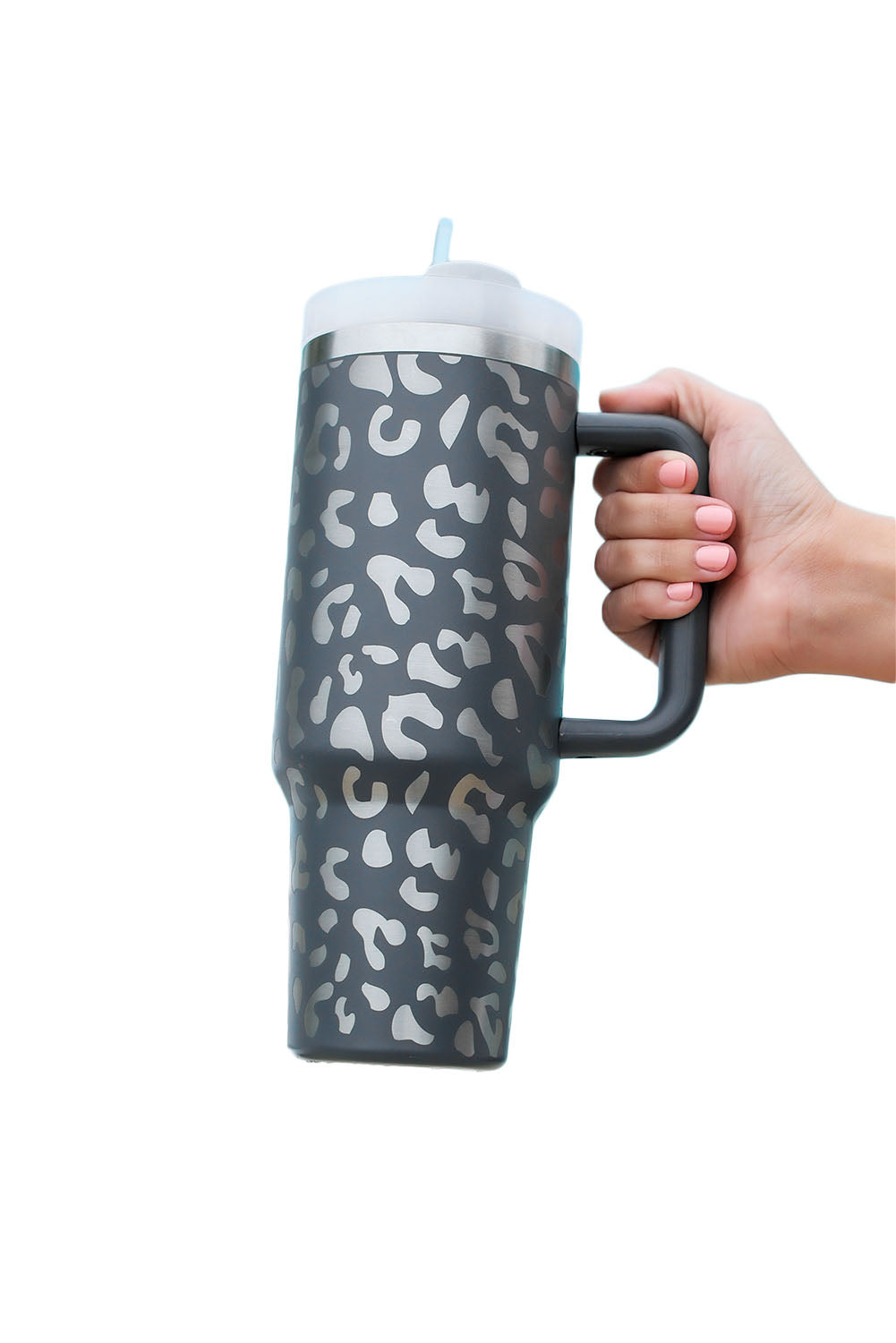 Vaso portátil de acero inoxidable con forma de leopardo, color negro, de 40 oz, con asa