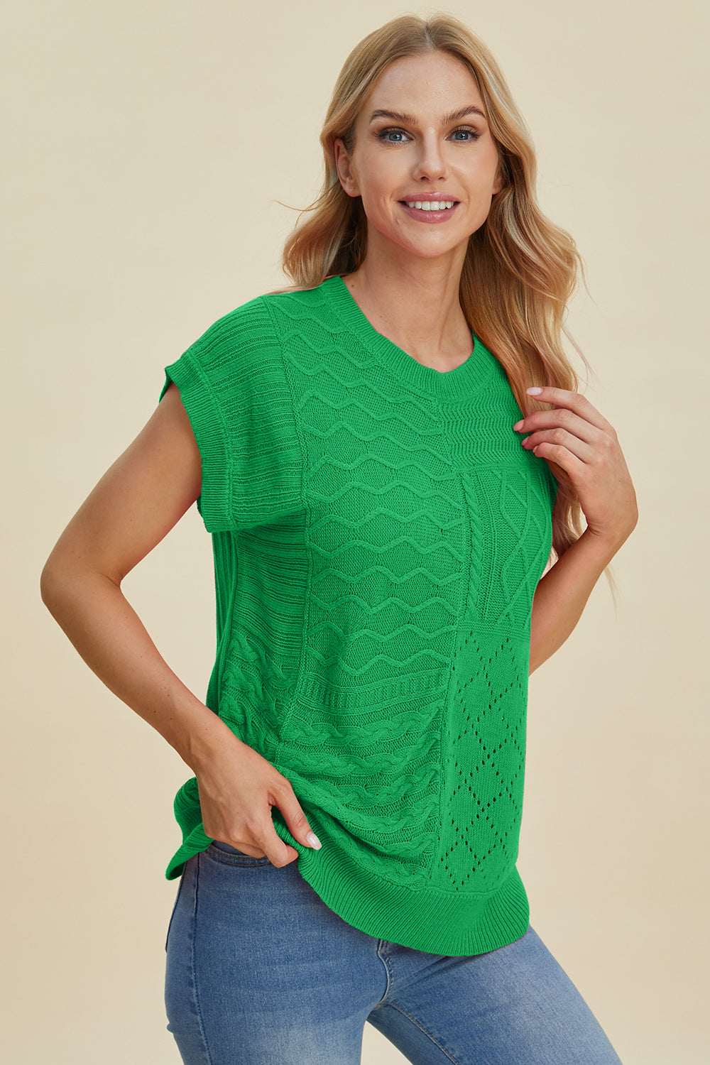 Suéter de cuello redondo y manga corta de punto trenzado de Double Take | Tallas grandes | S - XL | 2XL - 3XL | 5 COLORES