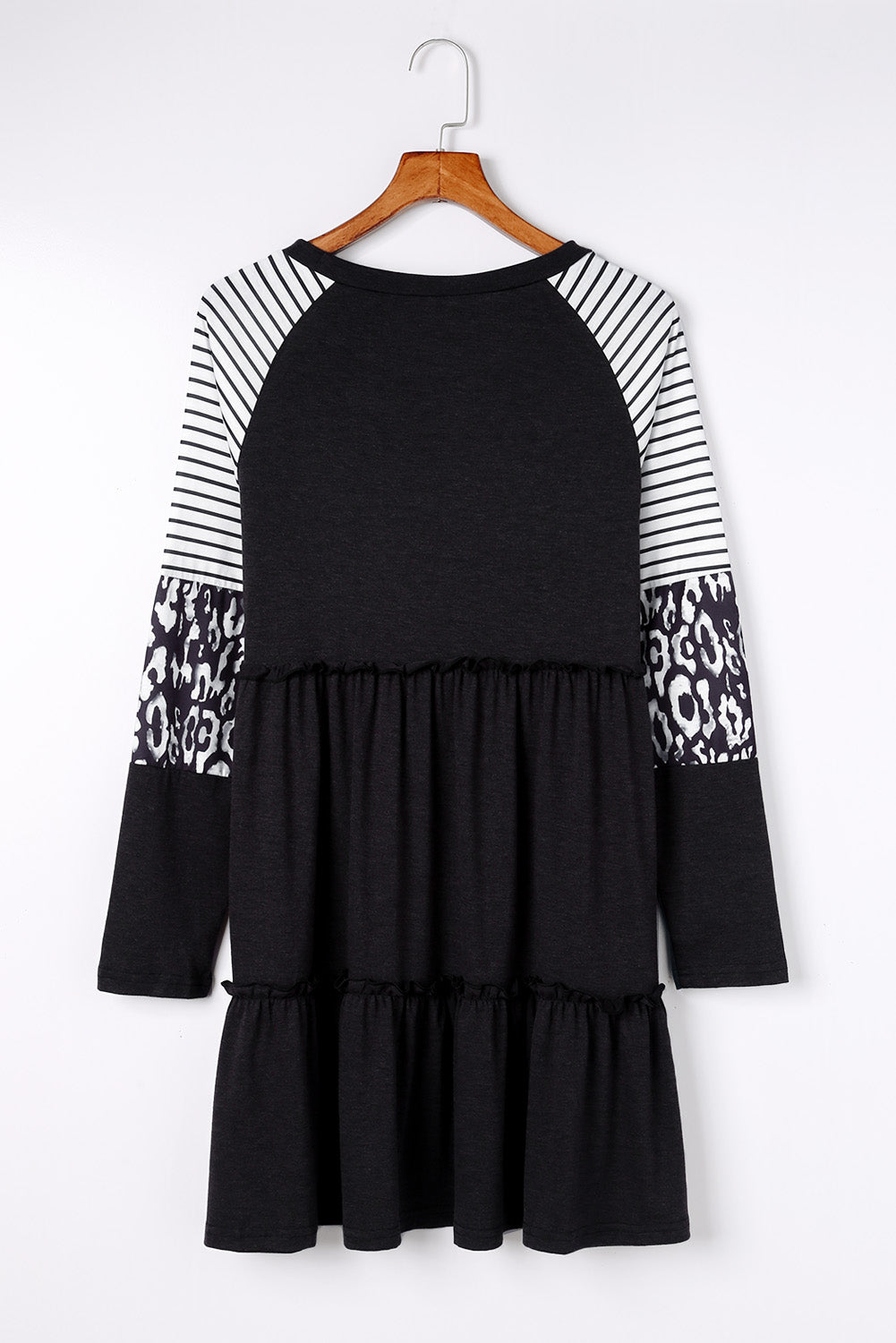 Black Striped Leopard Patchwork Pleated Long Sleeve Dress