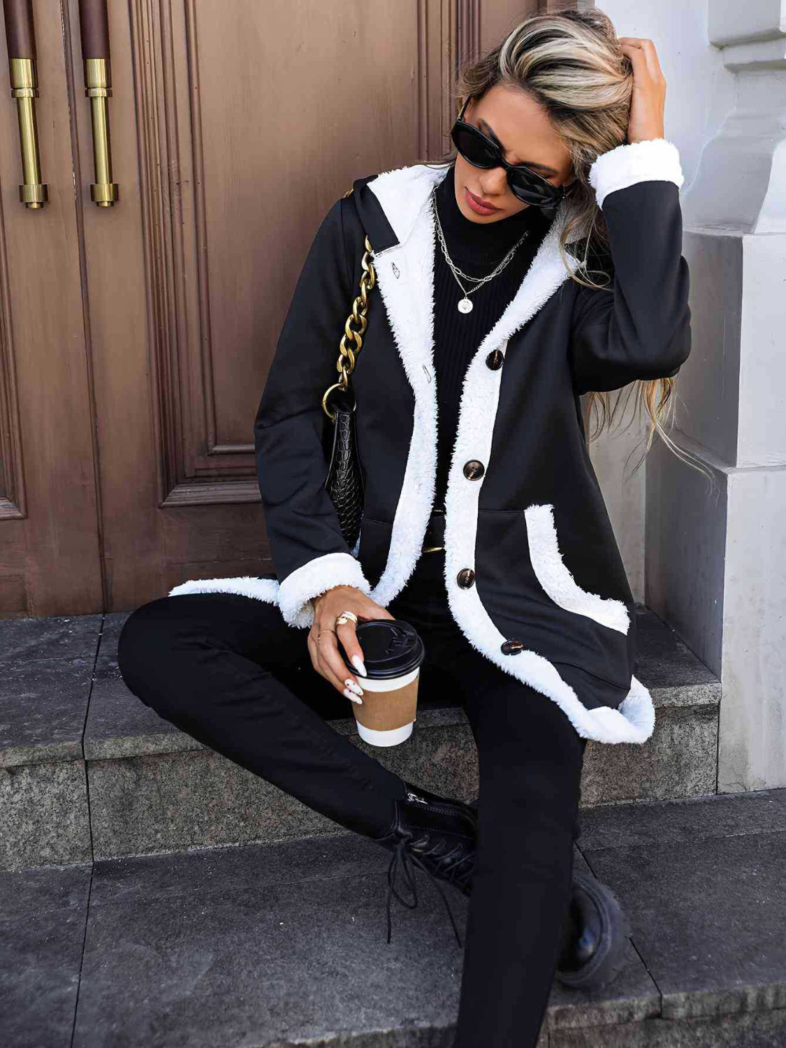 Contrast Button Up Hooded Coat