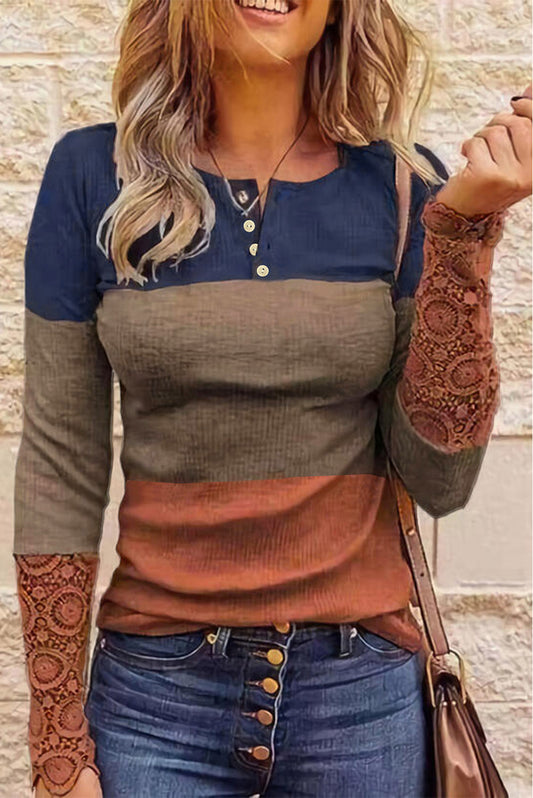 Camisa henley con mangas de crochet y encaje acanalado con bloques de color para mujer